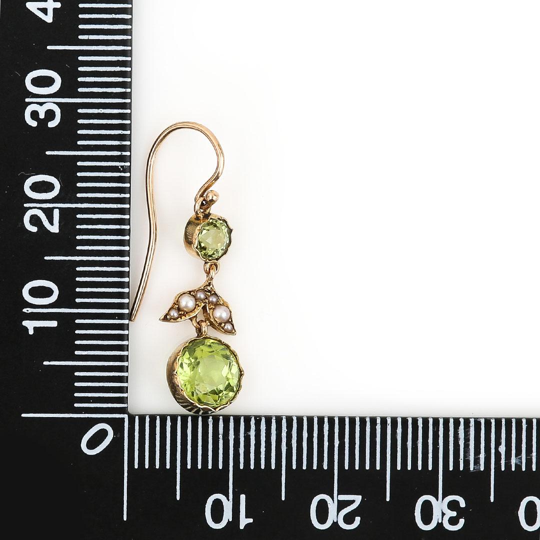 Edwardian 9ct Gold Peridot and Seed Pearl Drop Earrings, Circa 1910 3