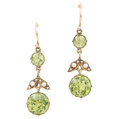 Antique Edwardian 9ct Gold Peridot and Seed Pearl Drop Earrings, Circa 1910