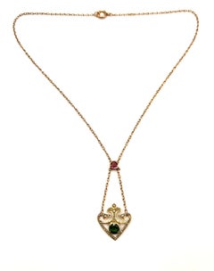 Edwardian 9ct Gold Pink & Apple Green Tourmaline Lavaliere Necklace with Pearls