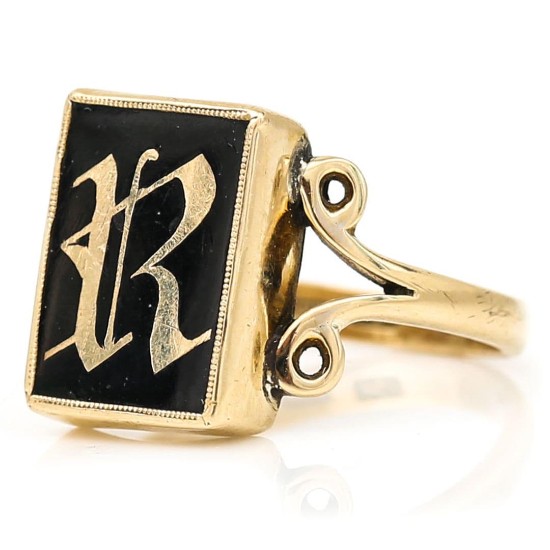 Square Cut Edwardian 9ct gold ‘R’ Initial Onyx Signet Ring Circa 1900