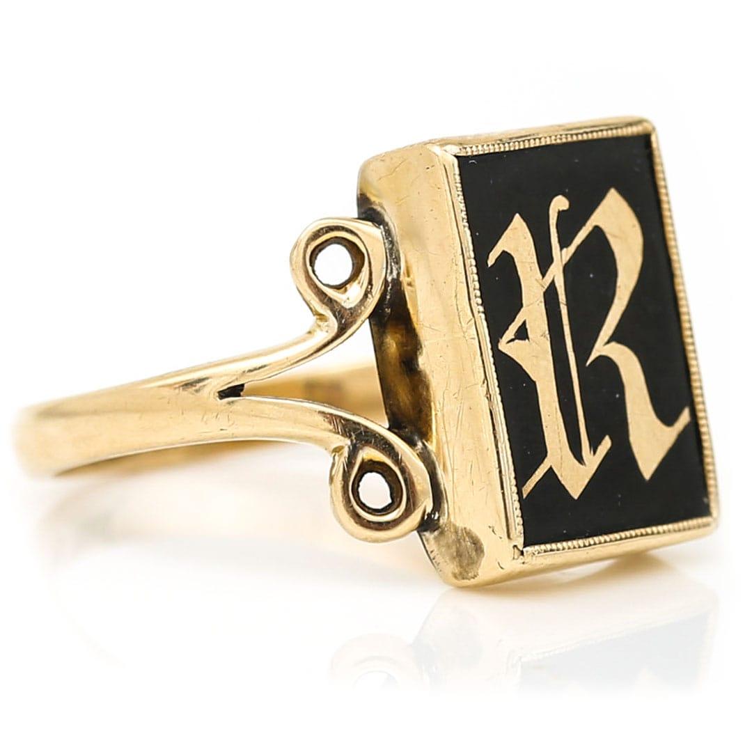 Women's or Men's Edwardian 9ct gold ‘R’ Initial Onyx Signet Ring Circa 1900