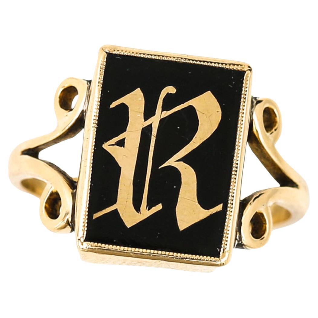 Edwardian 9ct gold ‘R’ Initial Onyx Signet Ring Circa 1900