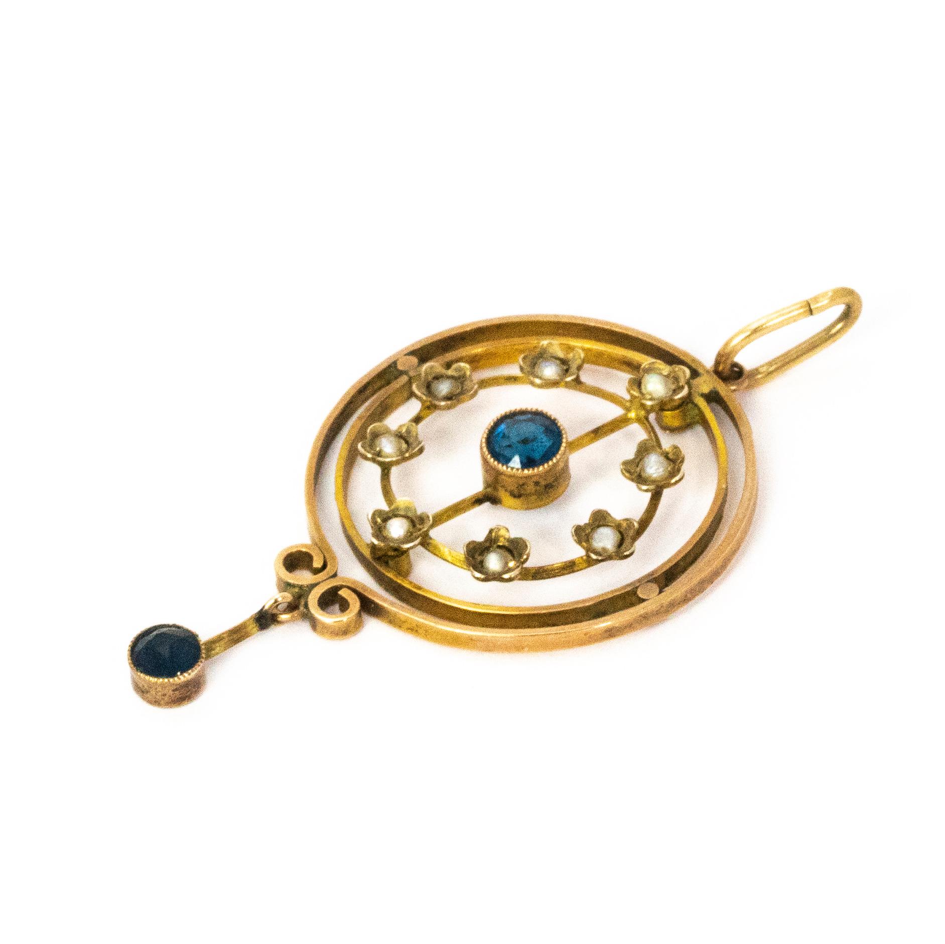 Women's or Men's Edwardian 9 Carat Gold Sapphire Pearl Pendant