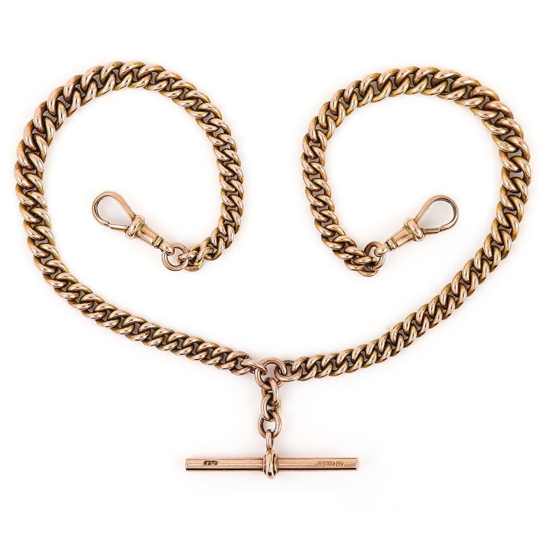 Edwardian 9ct Rose Gold Curb Link Albert Watch Chain, 16” 45.4g, Circa 1910 In Good Condition For Sale In Lancashire, Oldham