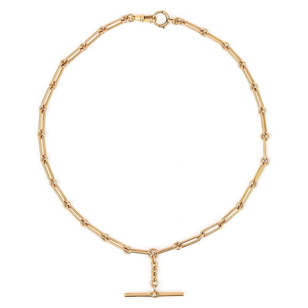 The perfect Albert chain, this heavy and long 9ct rose gold antique Victorian Albert chain with alternating trombone & round uniform links is the dream trombone link antique chain. Every link is stamped ‘9C’ and the t-bar is marked ‘9.375’ along