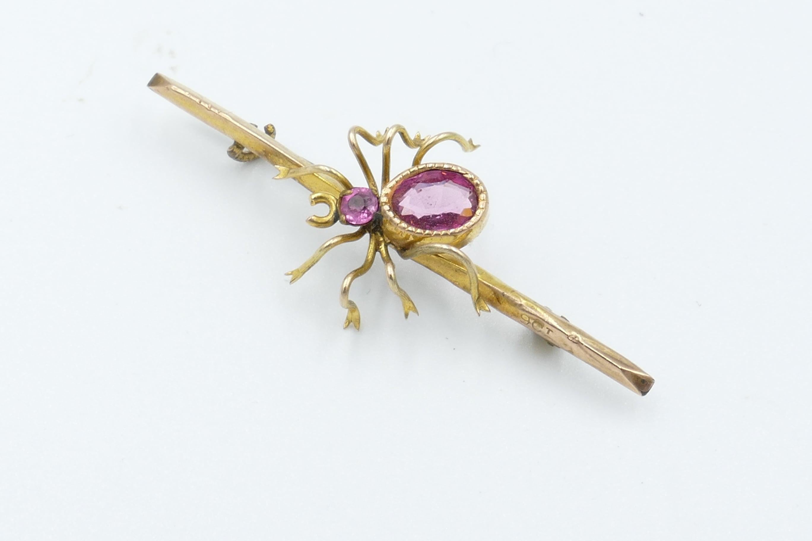 Women's or Men's Edwardian 9ct Yellow Gold Reddish Pink Tourmaline & Pink Sapphire Spider Brooch