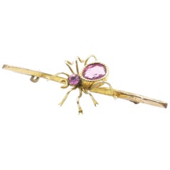 Antique Edwardian 9ct Yellow Gold Reddish Pink Tourmaline & Pink Sapphire Spider Brooch