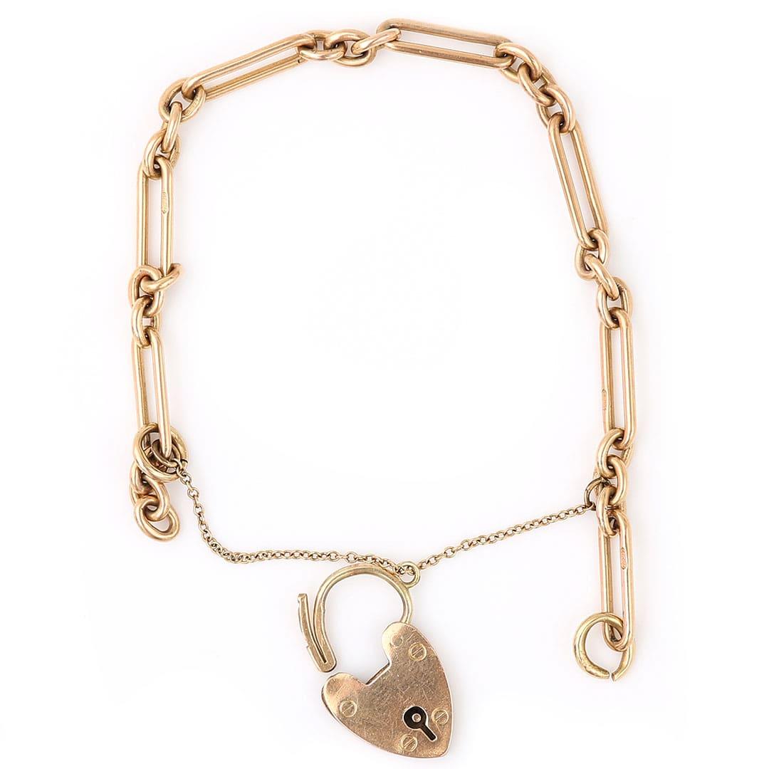 Edwardian 9ct Yellow Gold Trombone Link Bracelet Heart Padlock Circa 1910 1