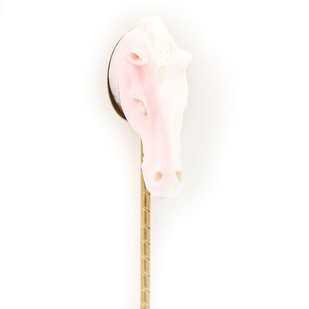 A wonderful and rare Edwardian 9k gold carved pink and white conch sell horses head dating from around 1910. The delicately hand carved shell depicts the whole head and upper mane including all its features, ears, mouse eyes and nose, all of which