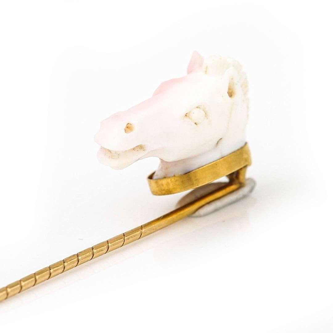 Edwardian 9k Gold Conch Shell Horse Head Stick Pin, Circa 1910 In Good Condition In Lancashire, Oldham