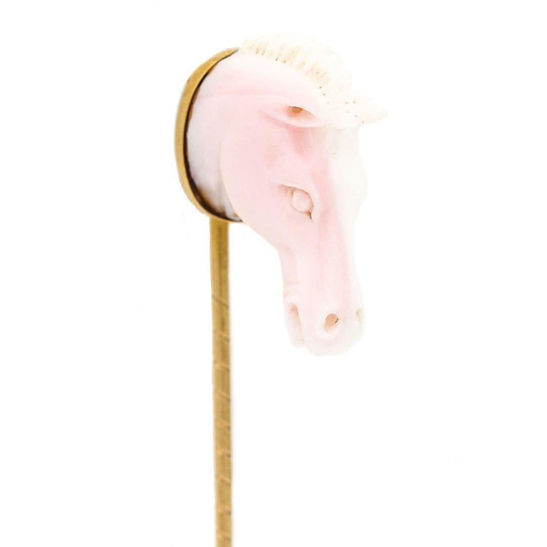 Women's or Men's Edwardian 9k Gold Conch Shell Horse Head Stick Pin, Circa 1910