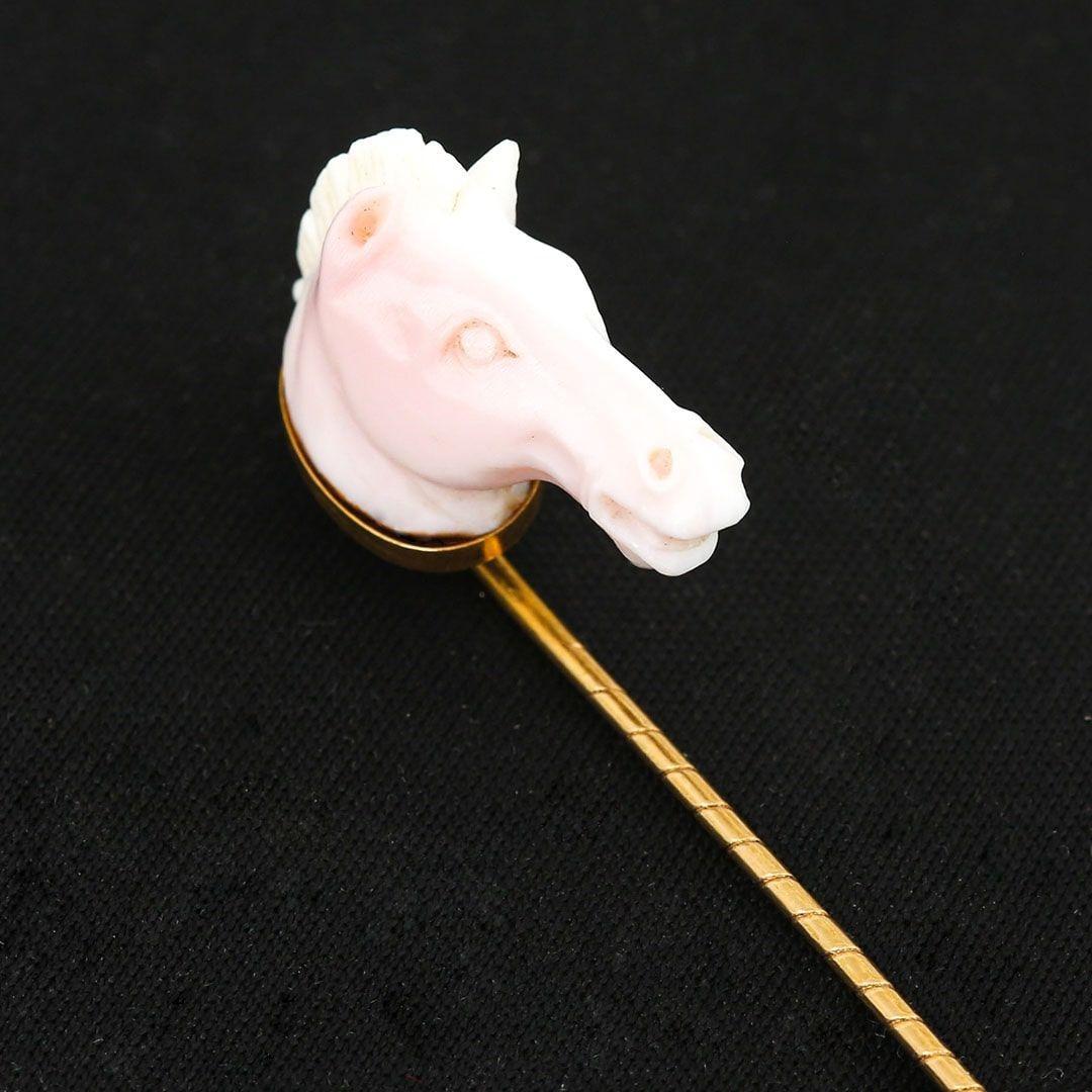 Edwardian 9k Gold Conch Shell Horse Head Stick Pin, Circa 1910 3
