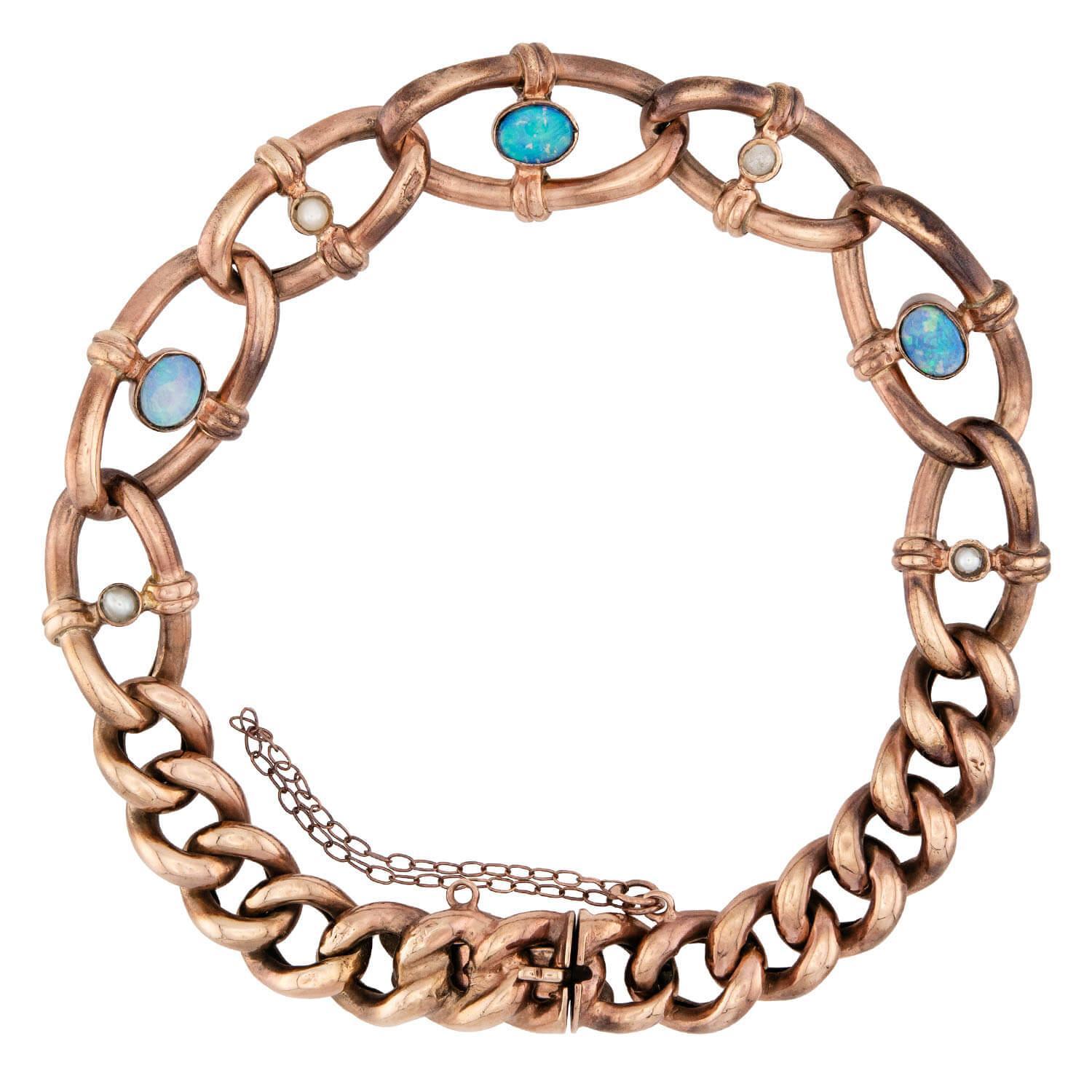 Édouardien Edwardian 9k Opal & Pearl Link Bracelet en vente