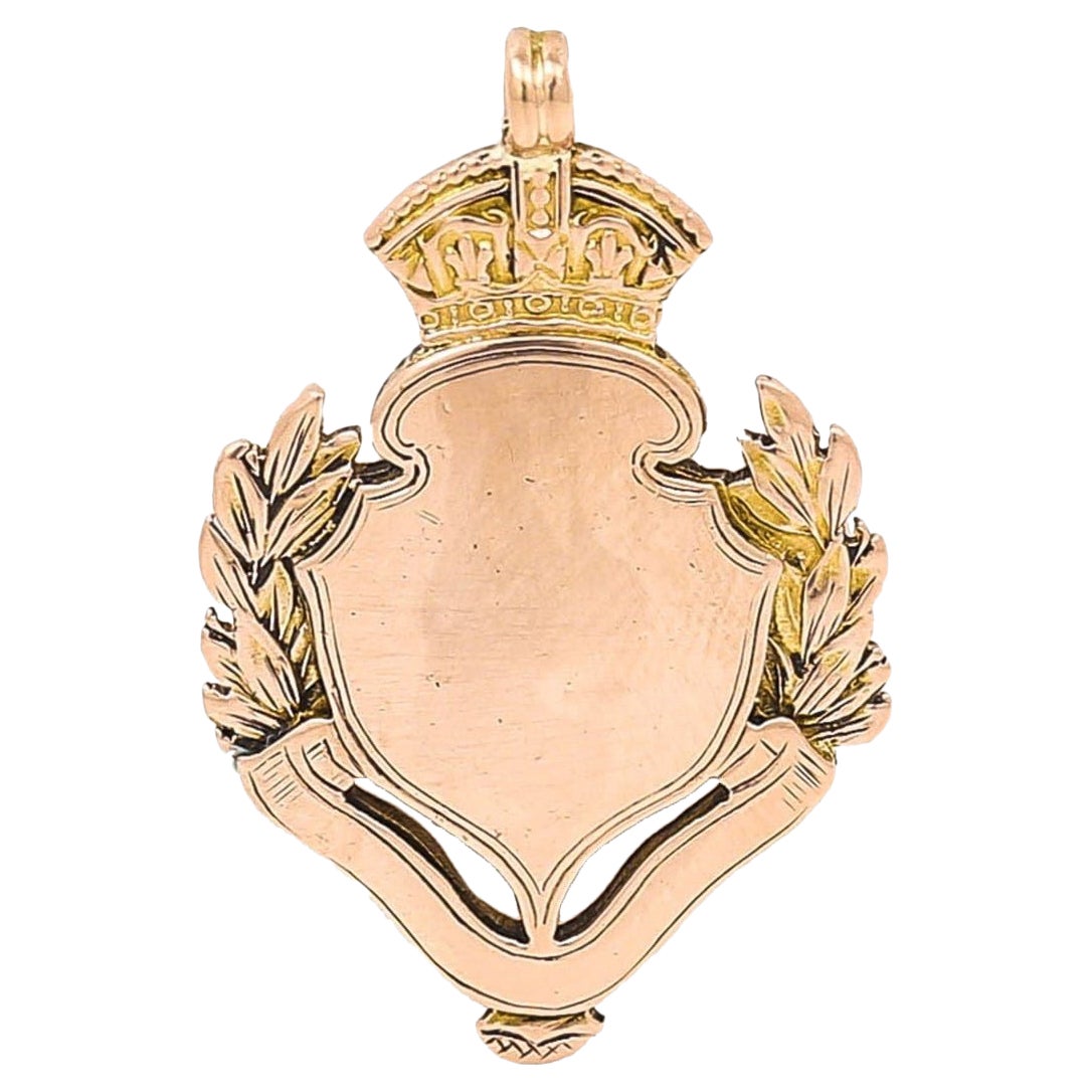 Edwardian 9k Rose Gold Shield and Crown Pendant, Circa 1911 For Sale