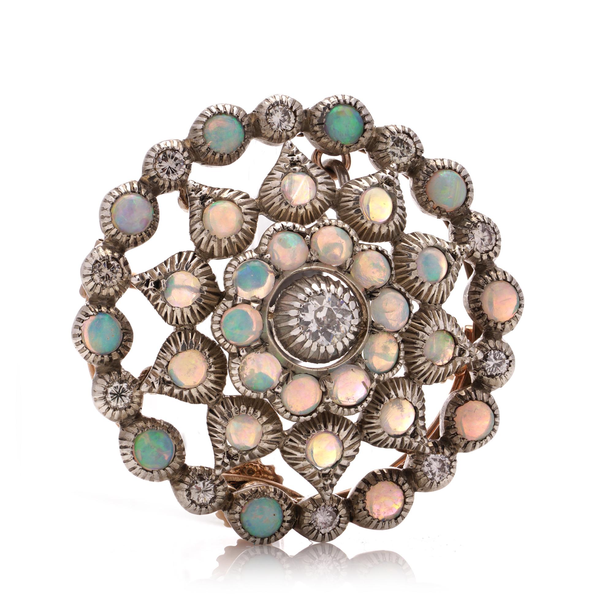 Antique Edwardian 9kt rose gold and silver round Opal and diamond brooch/pendant.
Tested positive for 9kt gold and silver.
Made in England, Circa 1910

Dimensions -
Weight: 12.00 grams
Size: Diameter: 3.2 cm

Diamonds -
Cut: Old-European
Quantity of