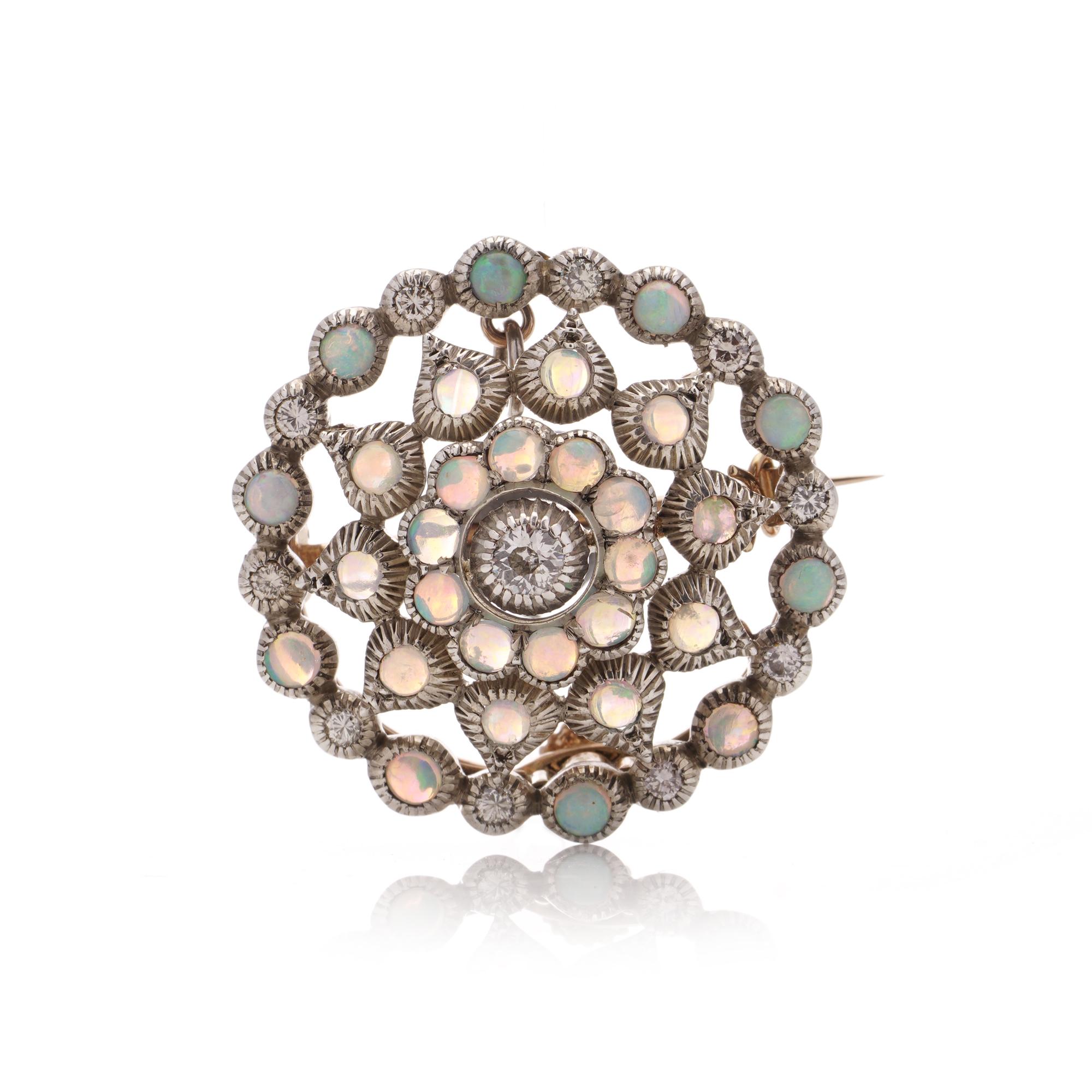 Women's Edwardian 9kt rose gold and silver round Opal and diamond brooch/pendant For Sale