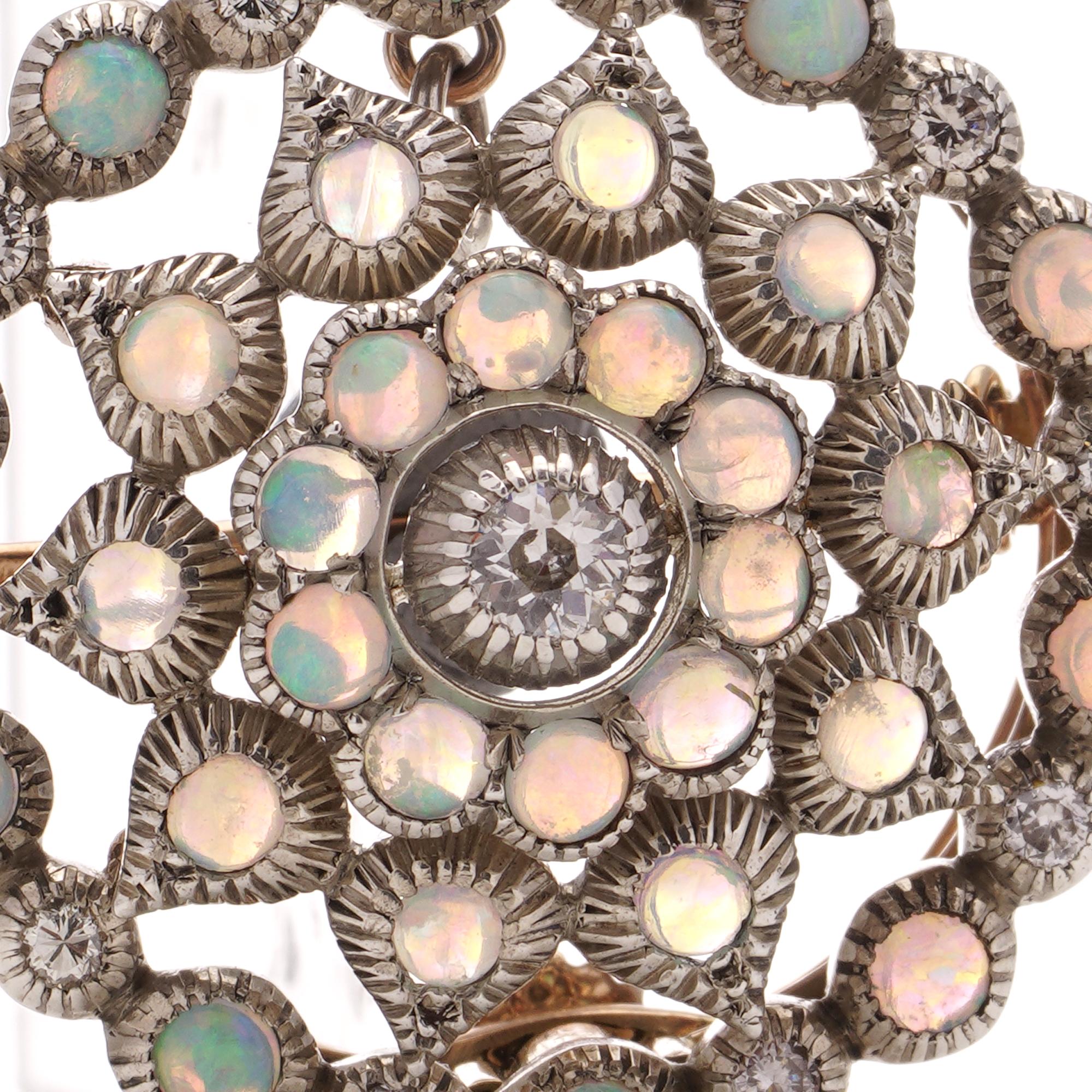 Edwardian 9kt rose gold and silver round Opal and diamond brooch/pendant For Sale 1