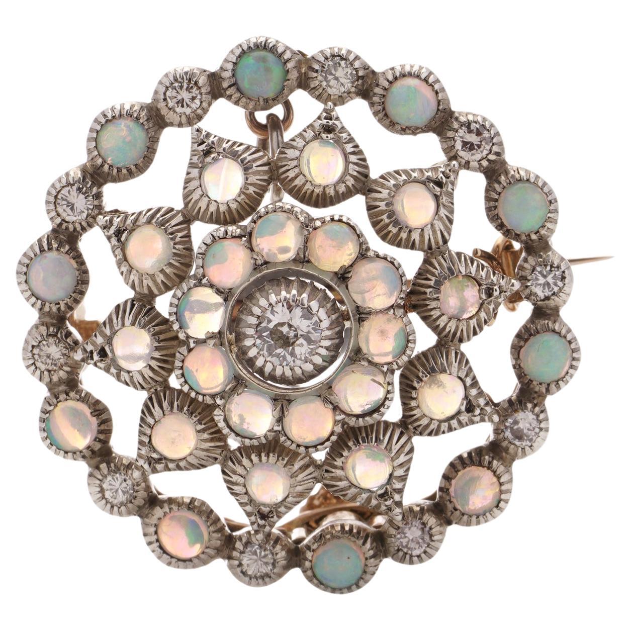 Edwardian 9kt rose gold and silver round Opal and diamond brooch/pendant For Sale