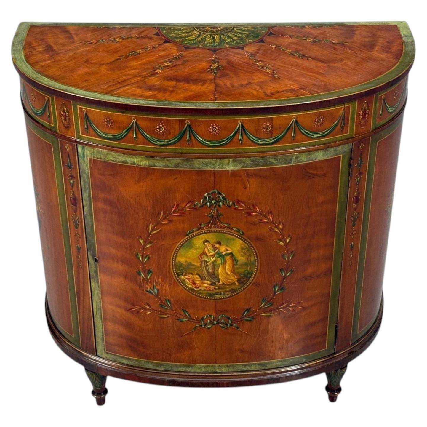 Edwardian, Adams Paint Decorated Demilune Cabinet, Inlaid Wood, 19th c.