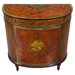 Edwardian, Adams Paint Decorated Demilune Cabinet, Inlaid Wood, 19th c.