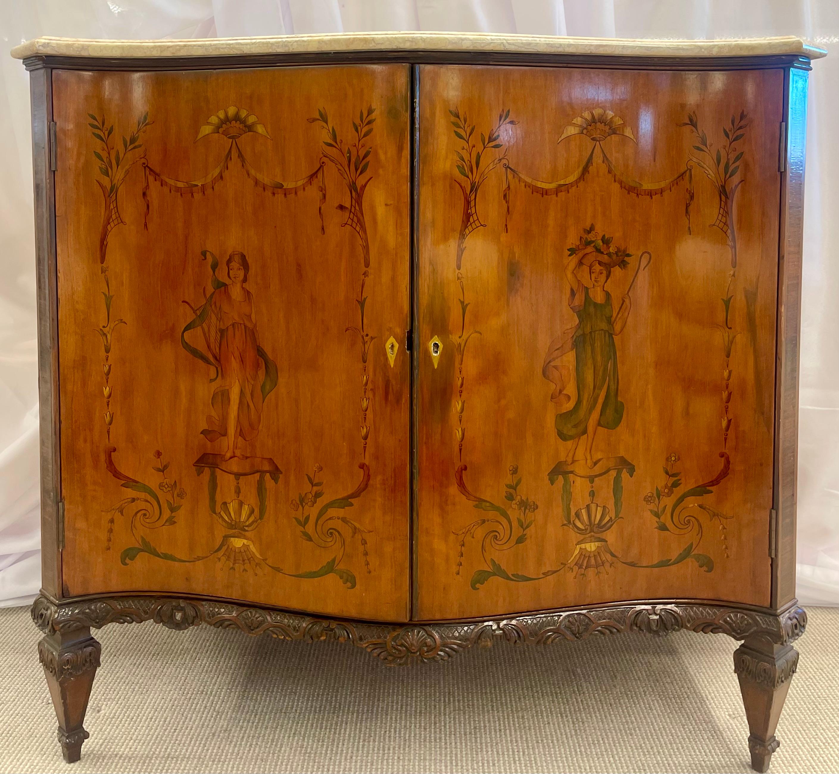 From a NYC Brownstone Estate. A fine Adams style Edwardian marble-top commode. Lovely painted two-door serpentine cabinet depicting a maiden flowing into star-burst serpentine sides supporting a fine marble top. Wonderfully polished.