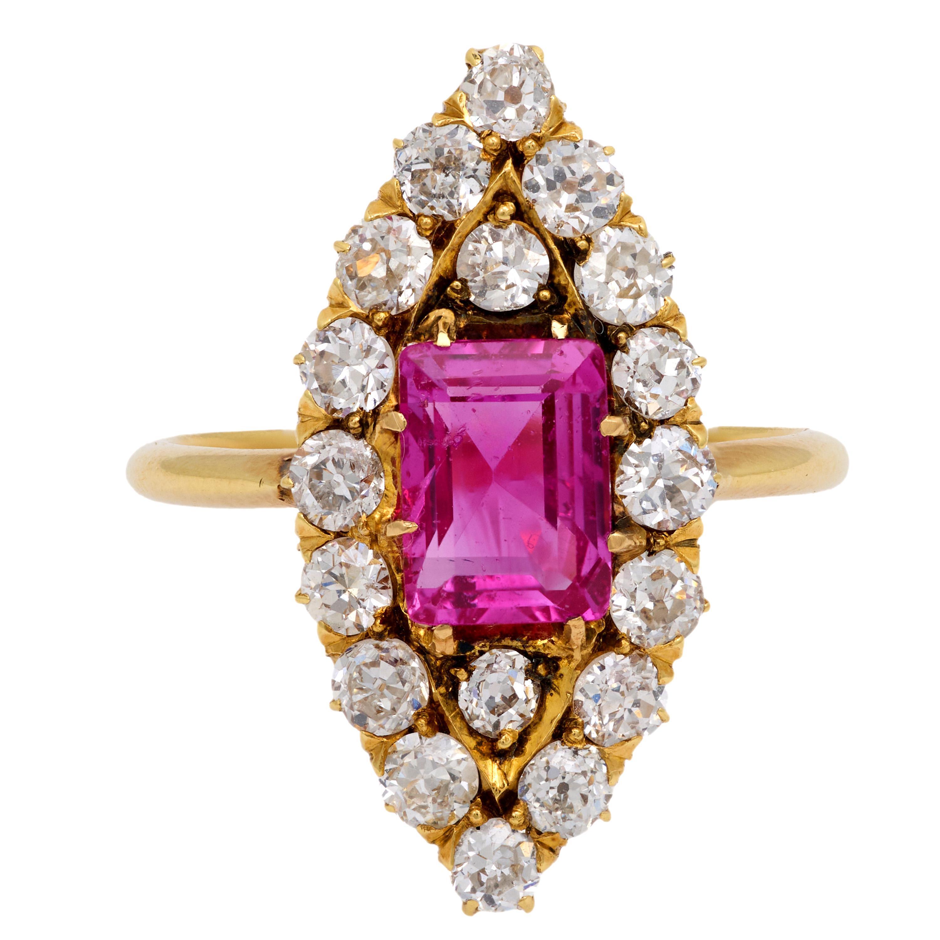 Edoardiano Edwardian AGL 2.12 carat Burma no heat ruby diamond 18k yellow gold Navette ring in vendita