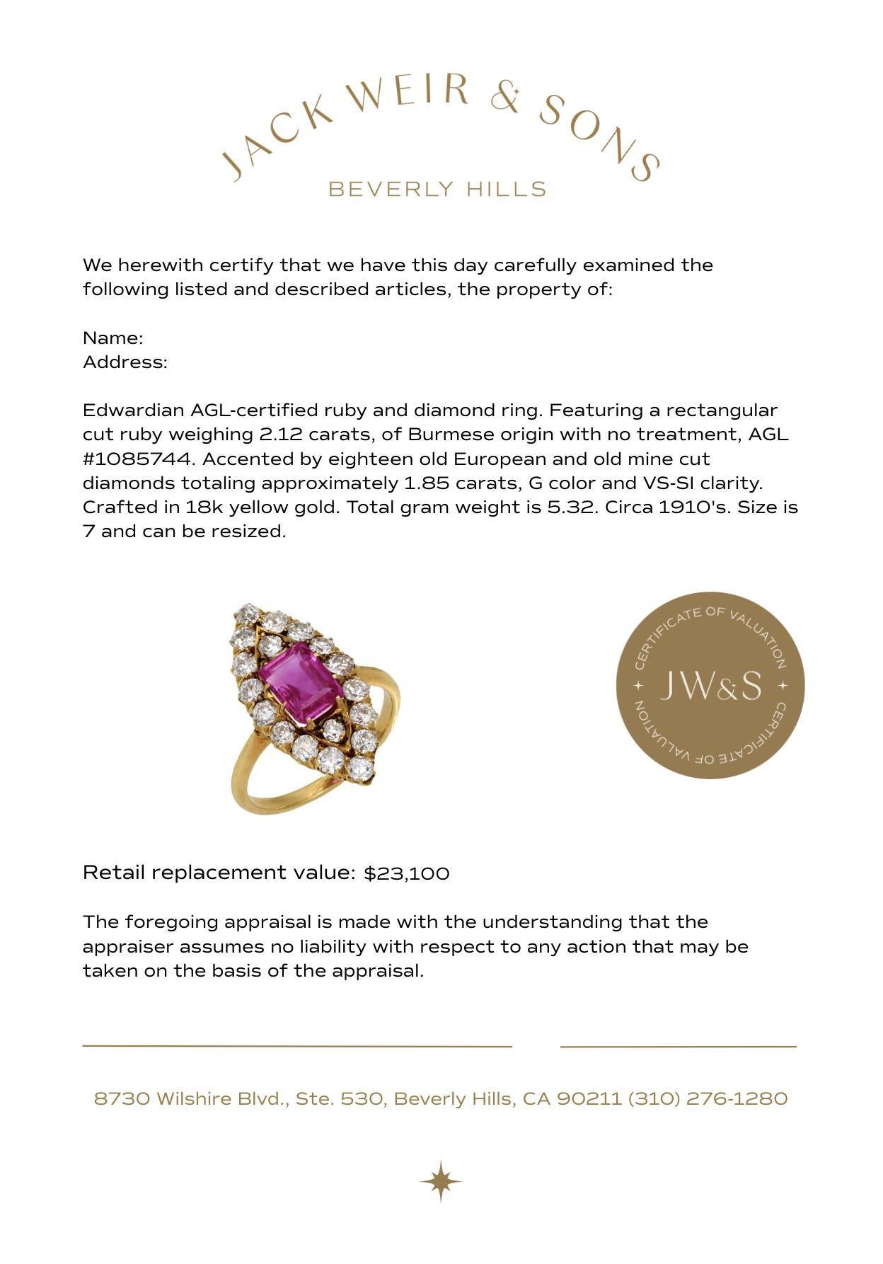 Donna Edwardian AGL 2.12 carat Burma no heat ruby diamond 18k yellow gold Navette ring in vendita