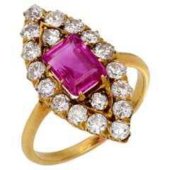 Edwardian AGL 2.12 carat Burma no heat ruby diamond 18k yellow gold Navette ring
