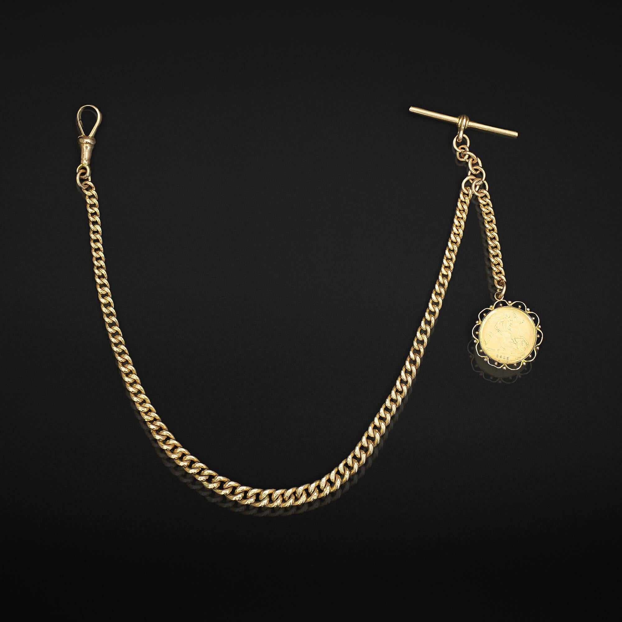 Edwardian Albert Fob Chain with A half Sovereign Circa 1912 In Good Condition In ADELAIDE, SA