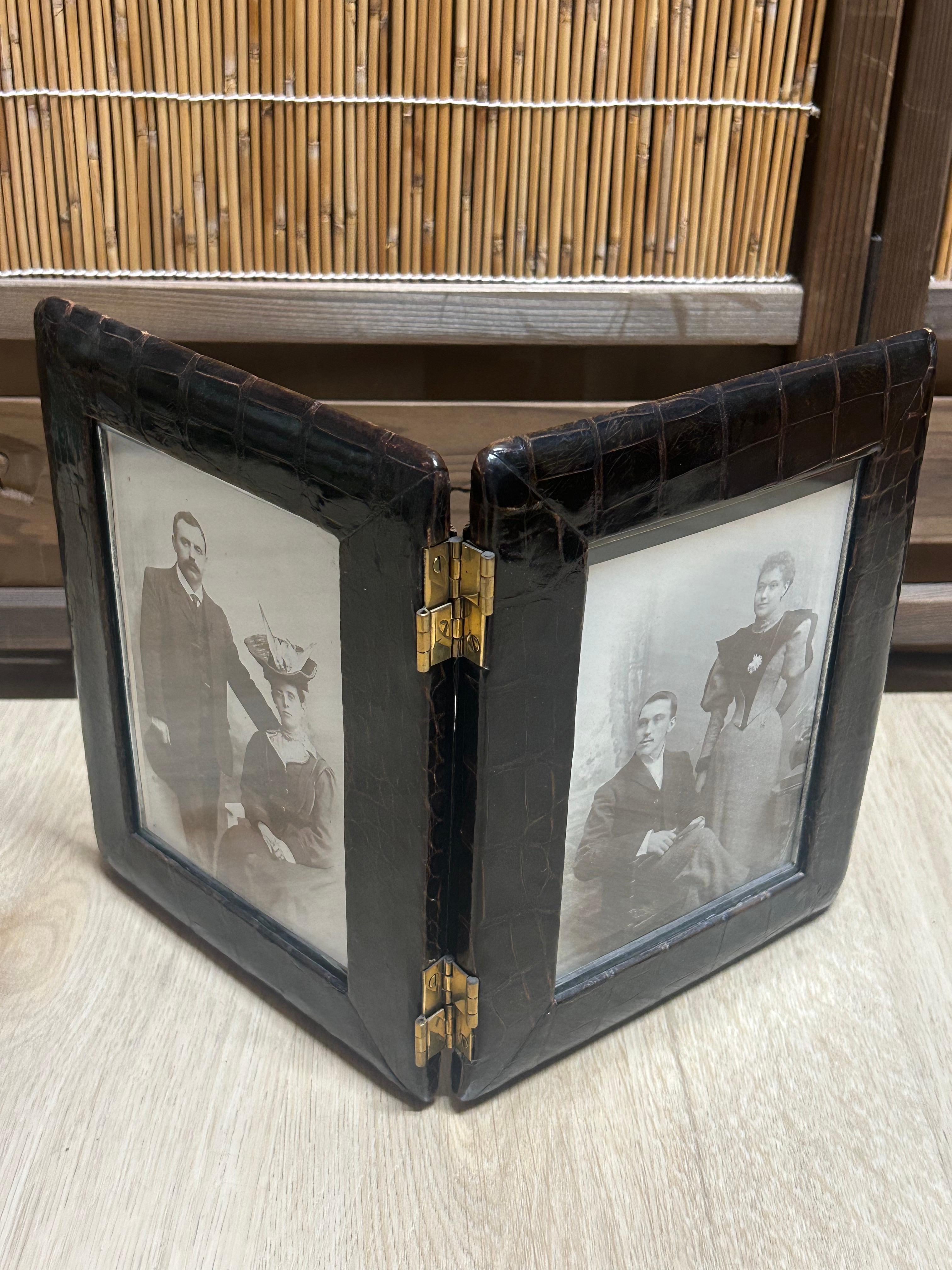 Edwardian Alligator Leather Double Photograph Frame For Sale 1