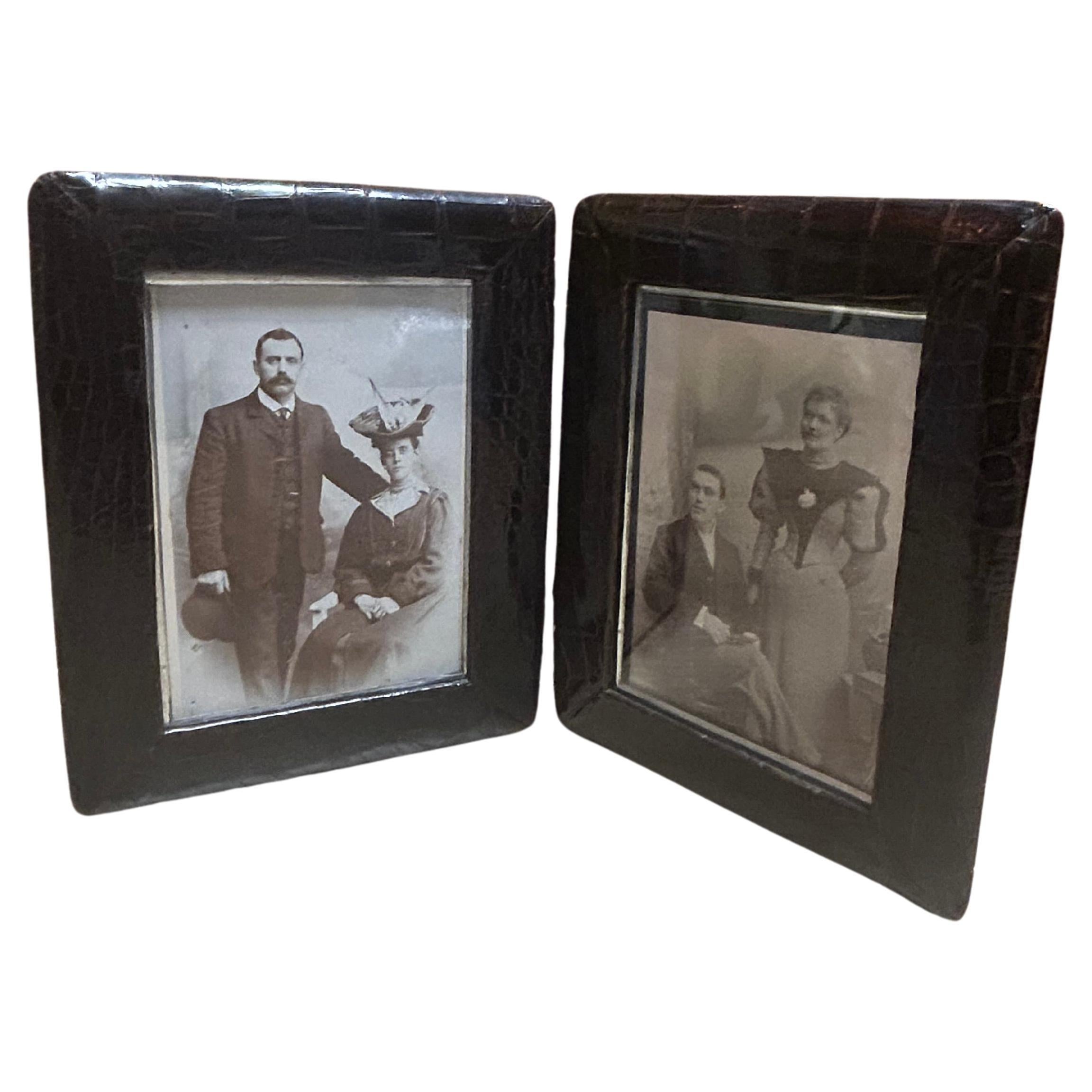 Edwardian Alligator Leather Double Photograph Frame For Sale