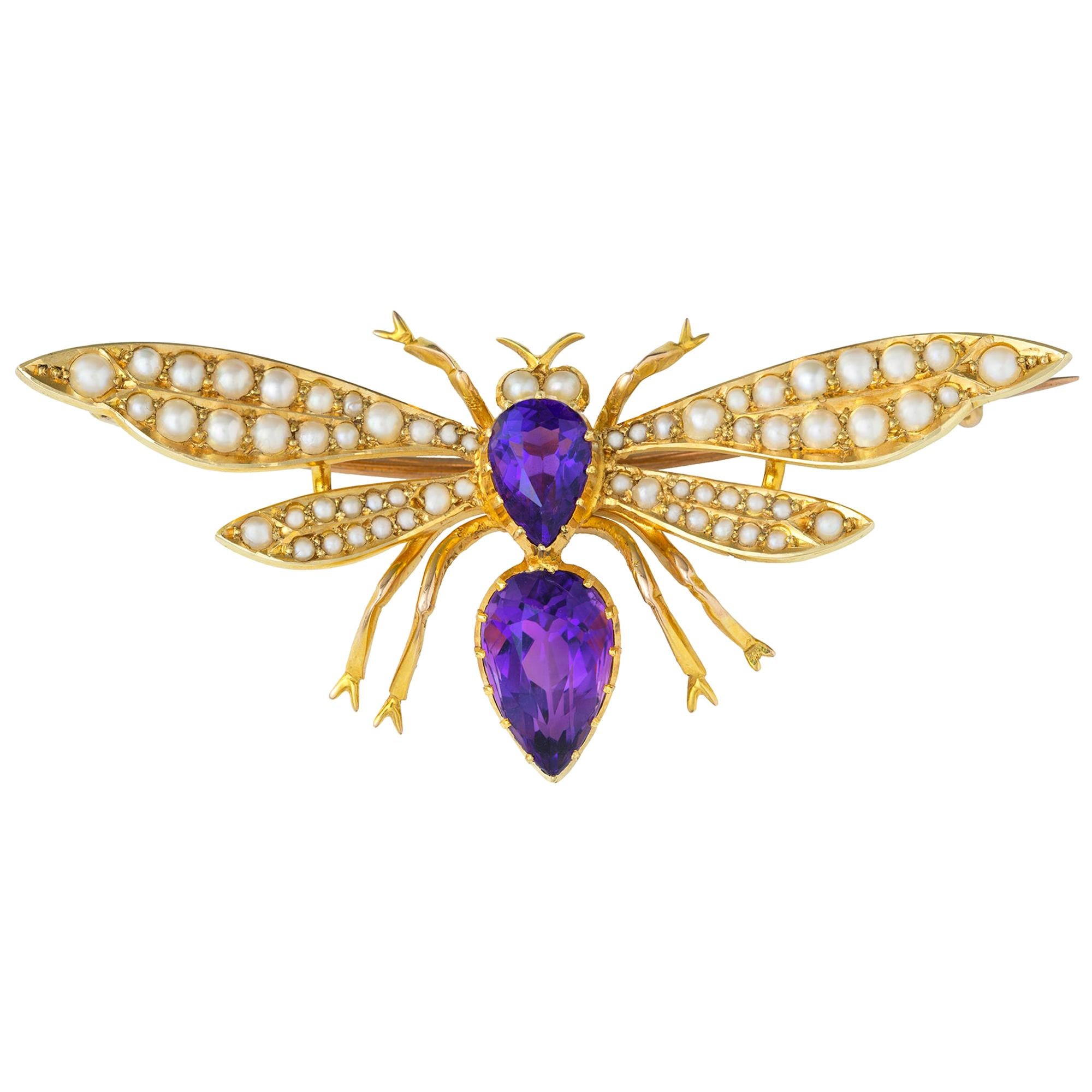 Edwardian Amethys and Pearl Dragonfly Brooch For Sale