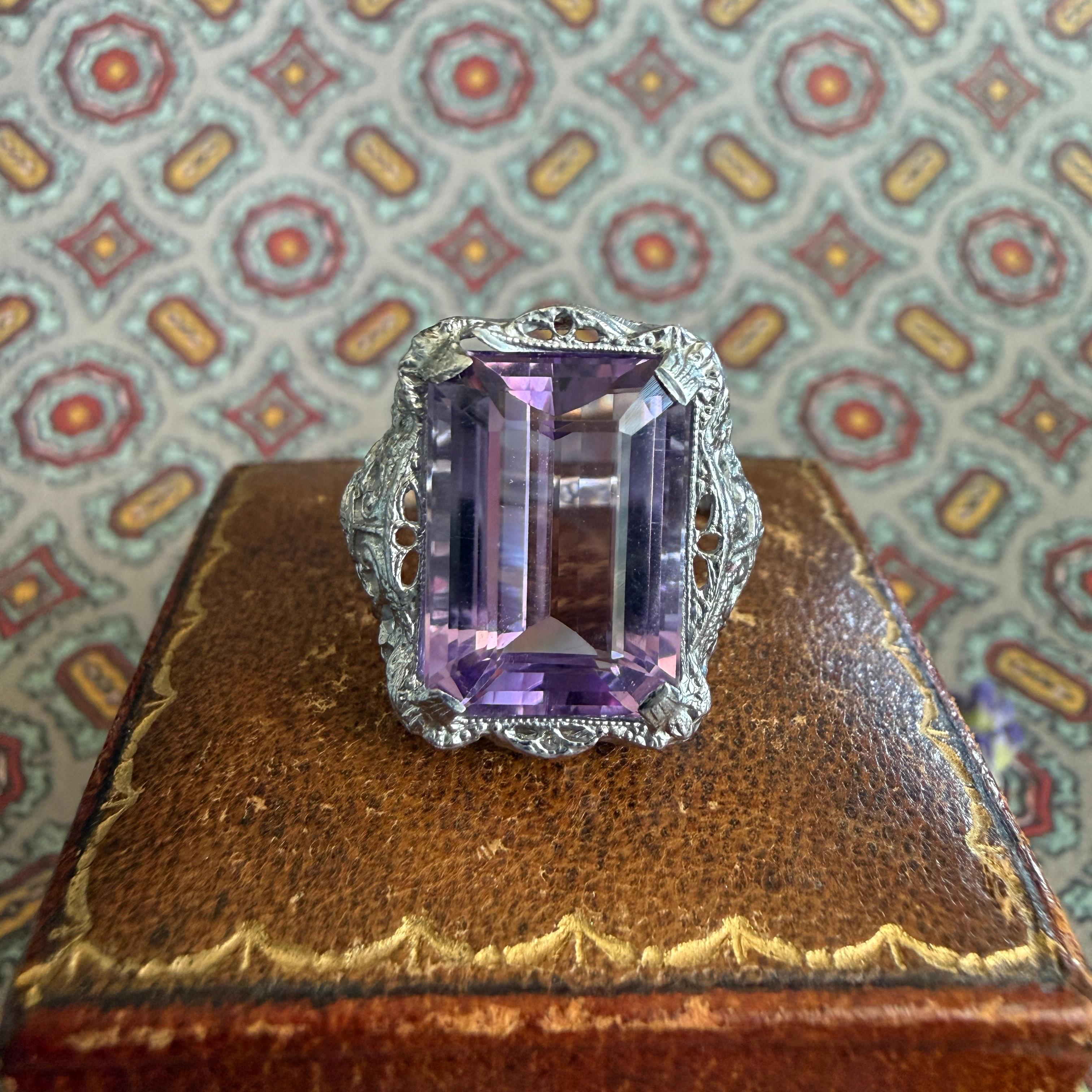 Anillo Eduardiano Amatista Filigrana Oro Blanco 10K en venta 5