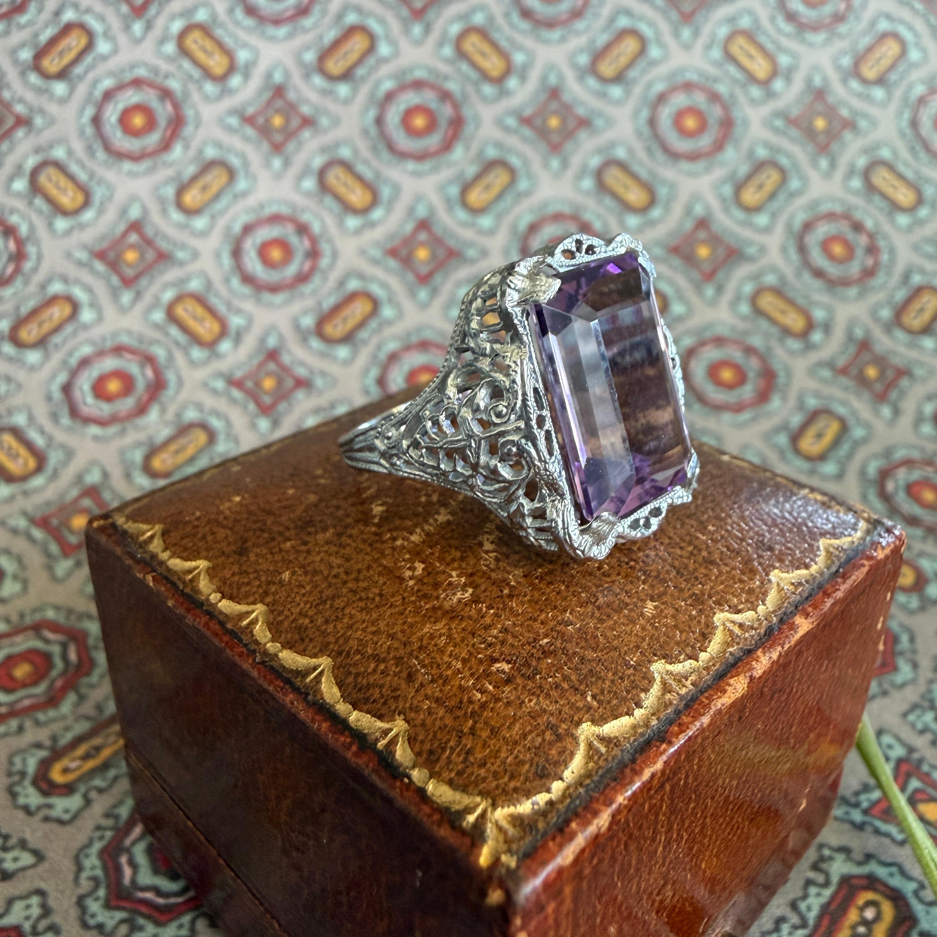 Anillo Eduardiano Amatista Filigrana Oro Blanco 10K en venta 6