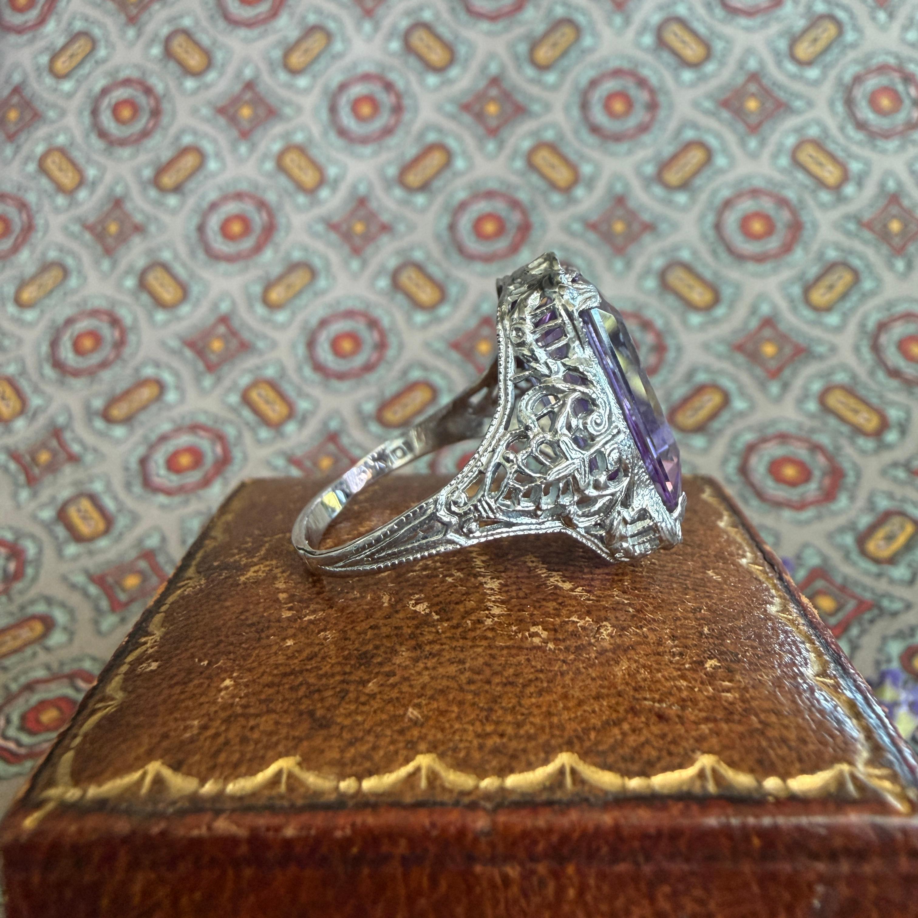 Anillo Eduardiano Amatista Filigrana Oro Blanco 10K en venta 7