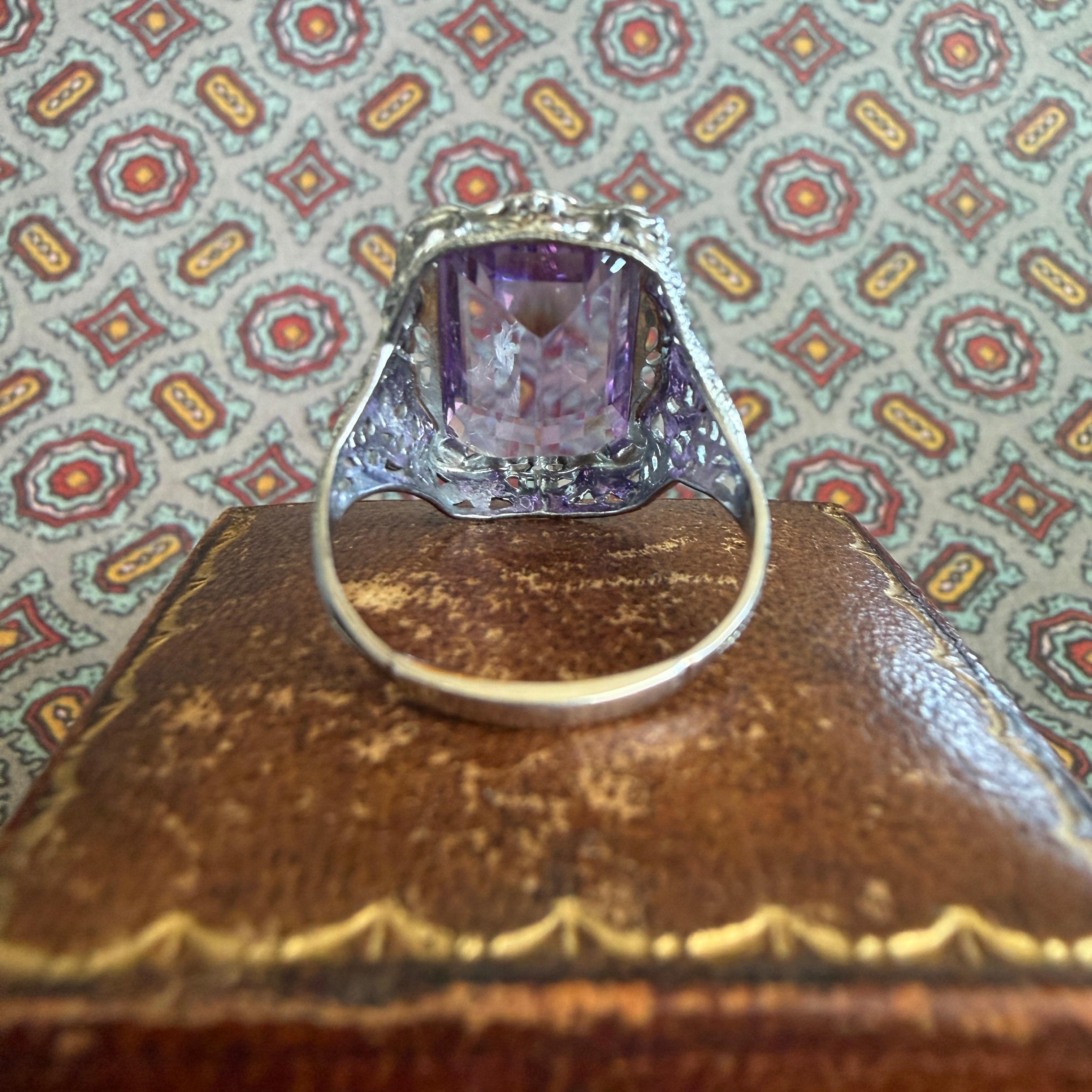 Anillo Eduardiano Amatista Filigrana Oro Blanco 10K en venta 8