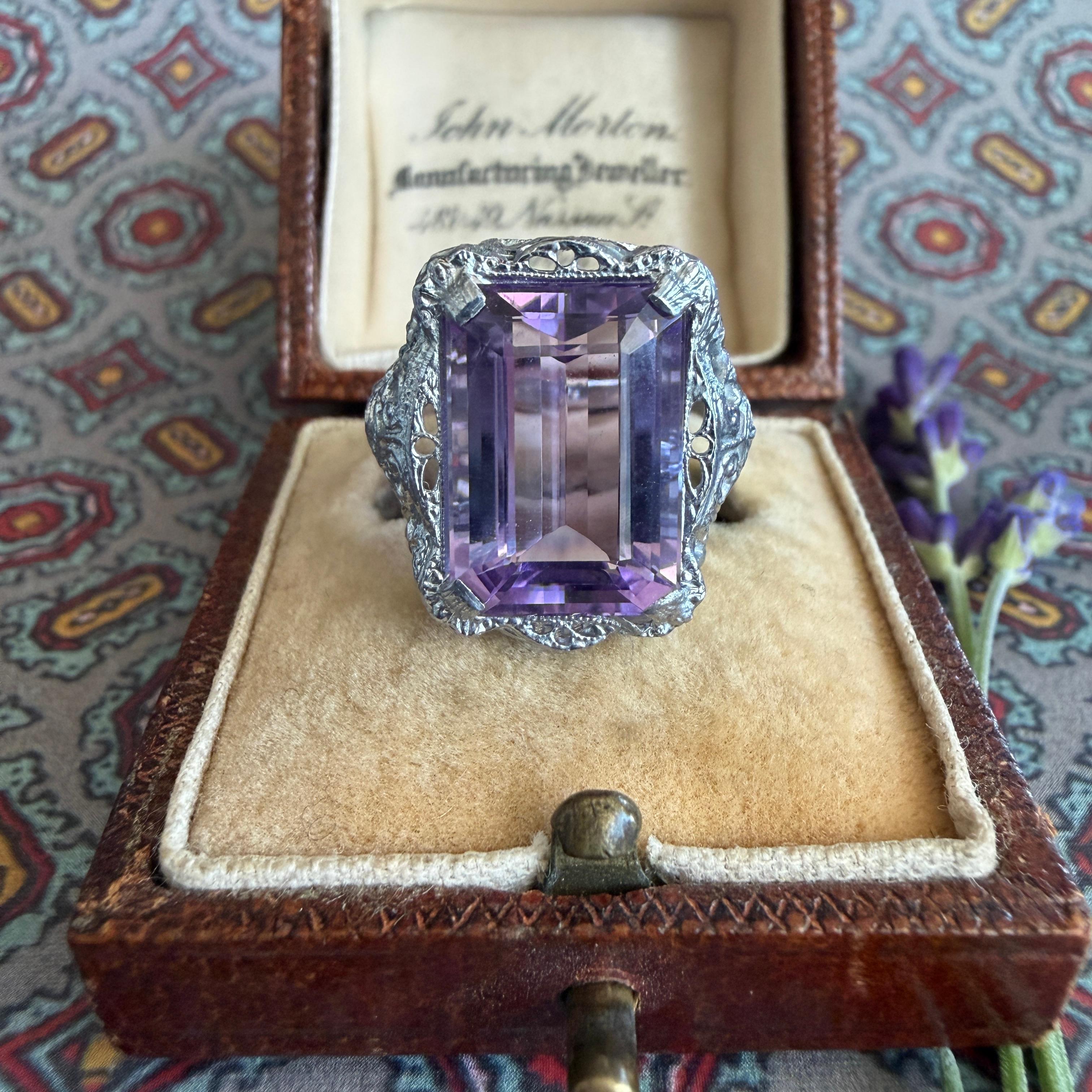 Anillo Eduardiano Amatista Filigrana Oro Blanco 10K en venta 9