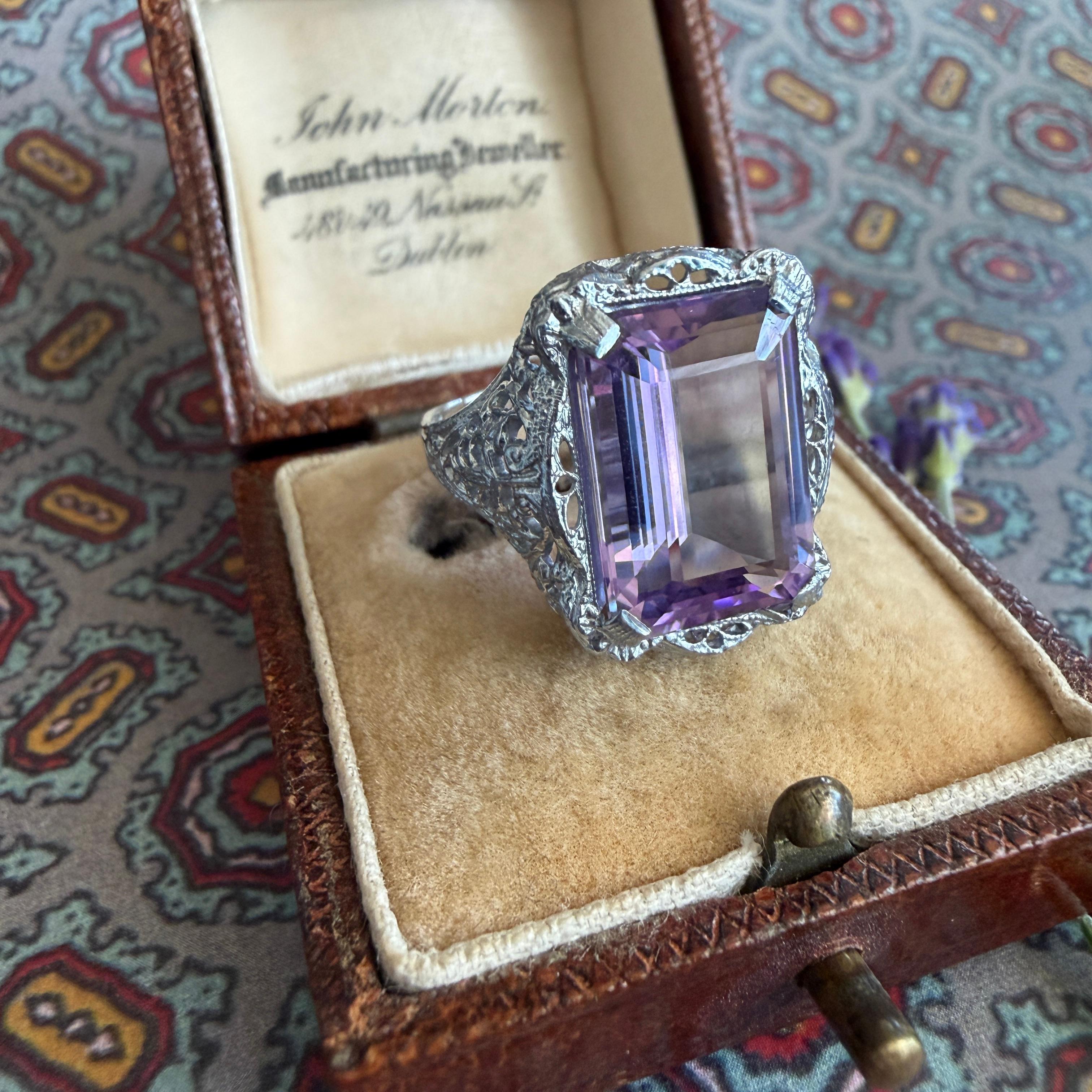 Anillo Eduardiano Amatista Filigrana Oro Blanco 10K en venta 10