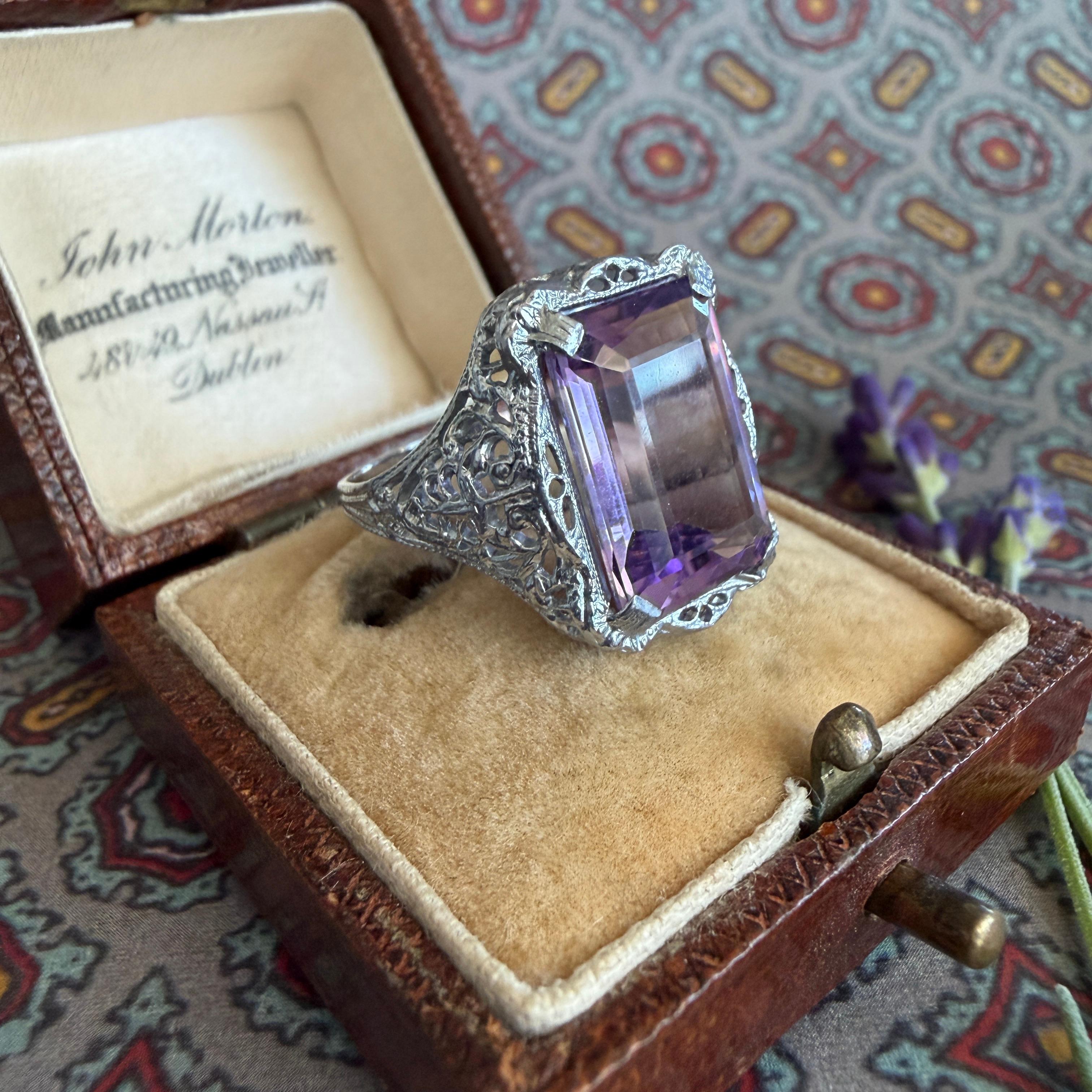 Anillo Eduardiano Amatista Filigrana Oro Blanco 10K en venta 11