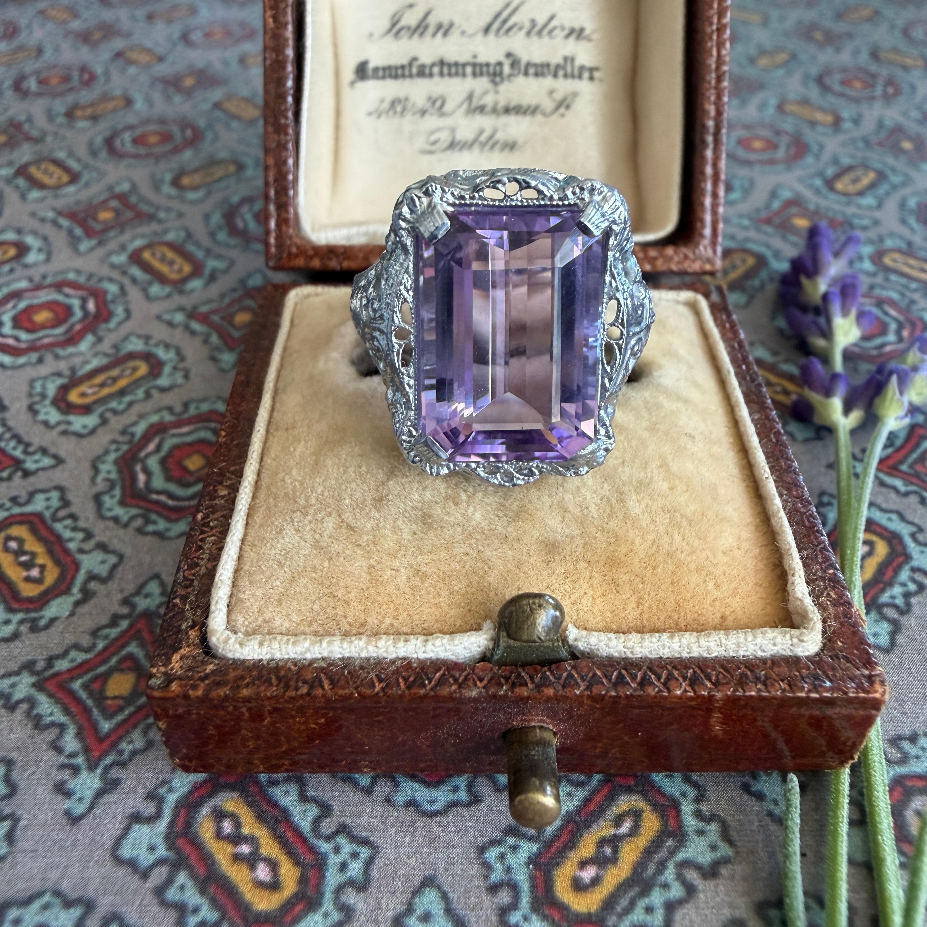 Anillo Eduardiano Amatista Filigrana Oro Blanco 10K en venta 12