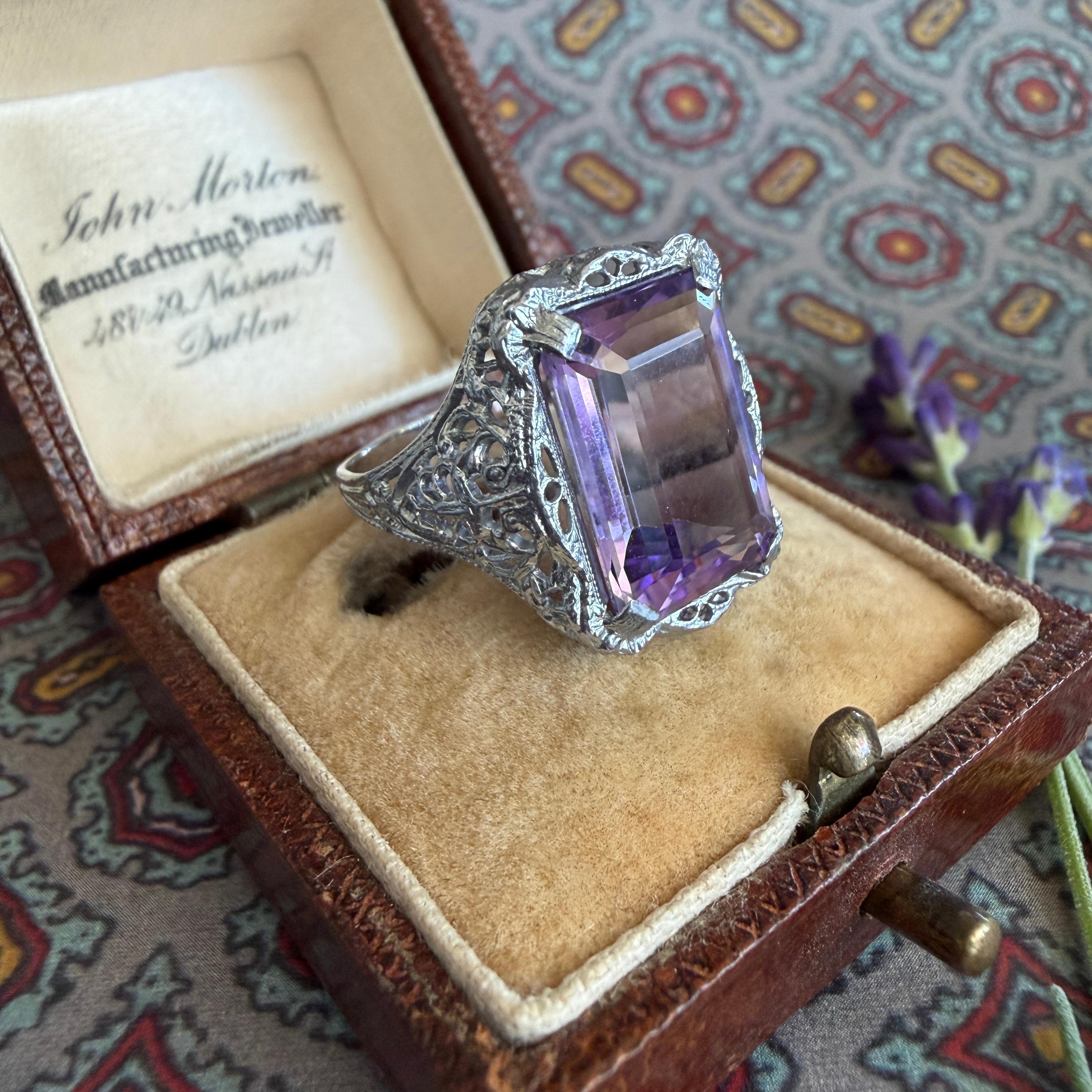 Anillo Eduardiano Amatista Filigrana Oro Blanco 10K en venta 2