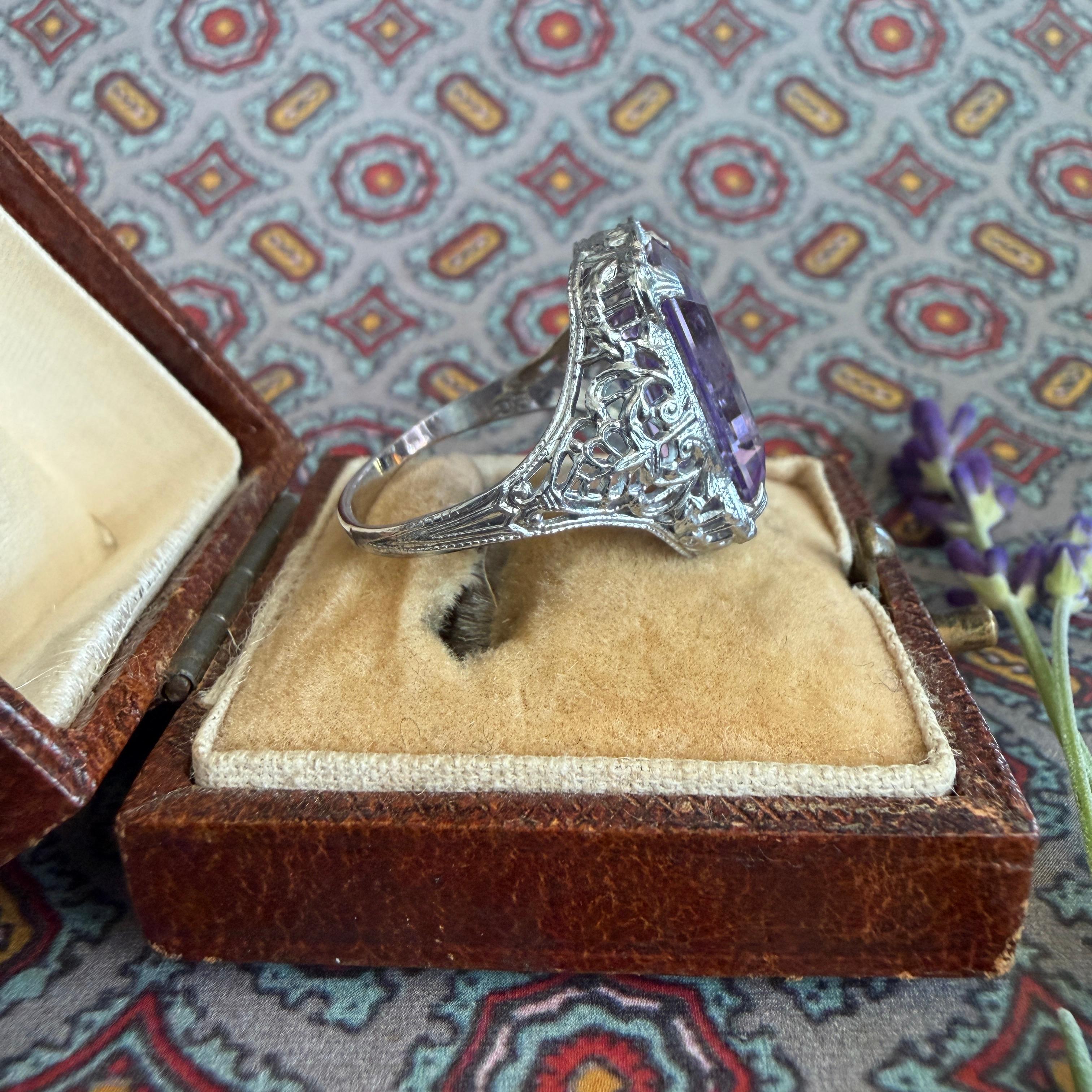 Anillo Eduardiano Amatista Filigrana Oro Blanco 10K en venta 3