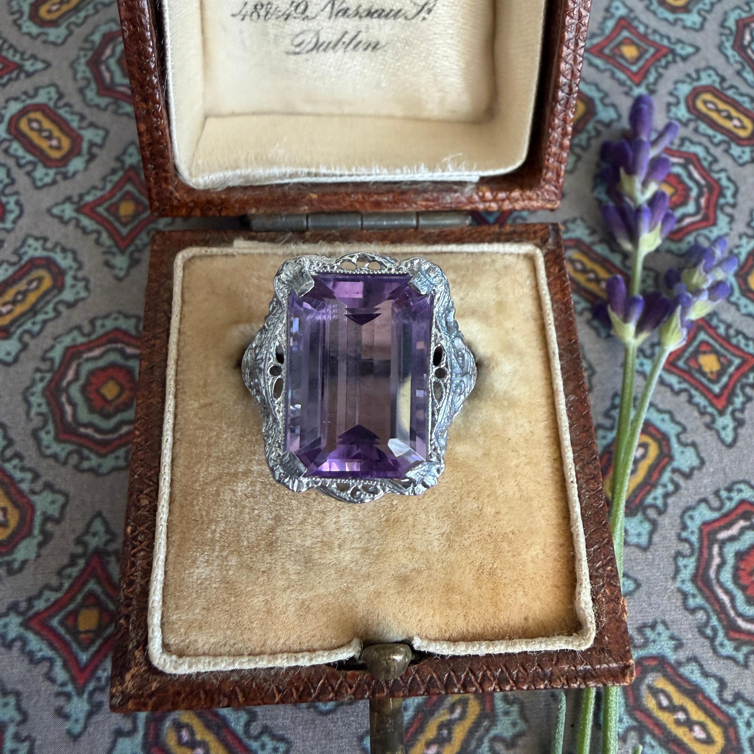 Anillo Eduardiano Amatista Filigrana Oro Blanco 10K en venta 4