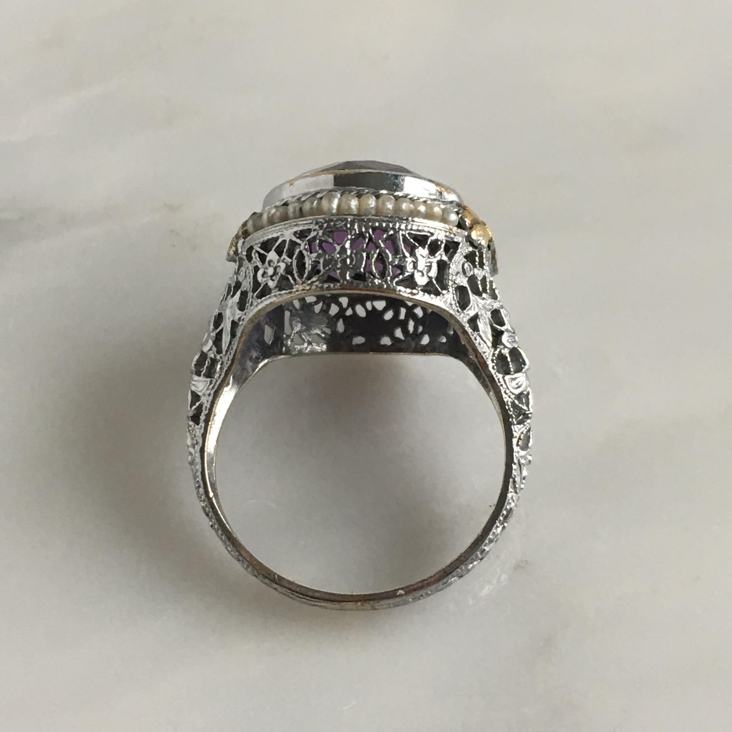Edwardian Amethyst 14k Gold Filigree Ring For Sale 6