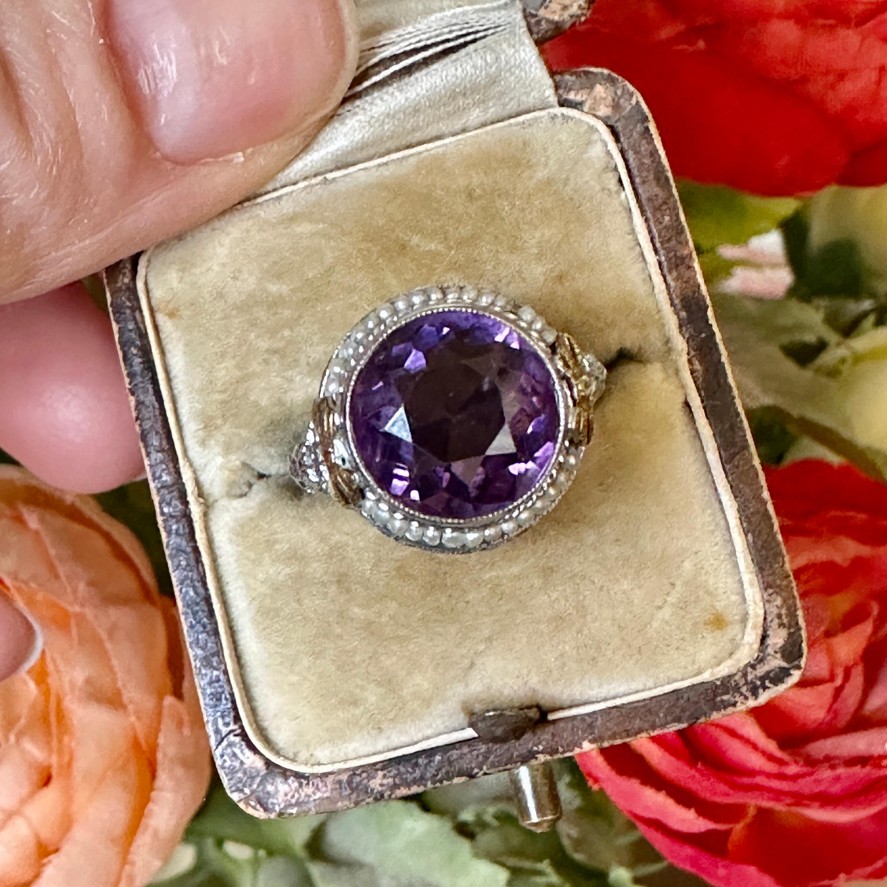 Round Cut Edwardian Amethyst 14k Gold Filigree Ring For Sale