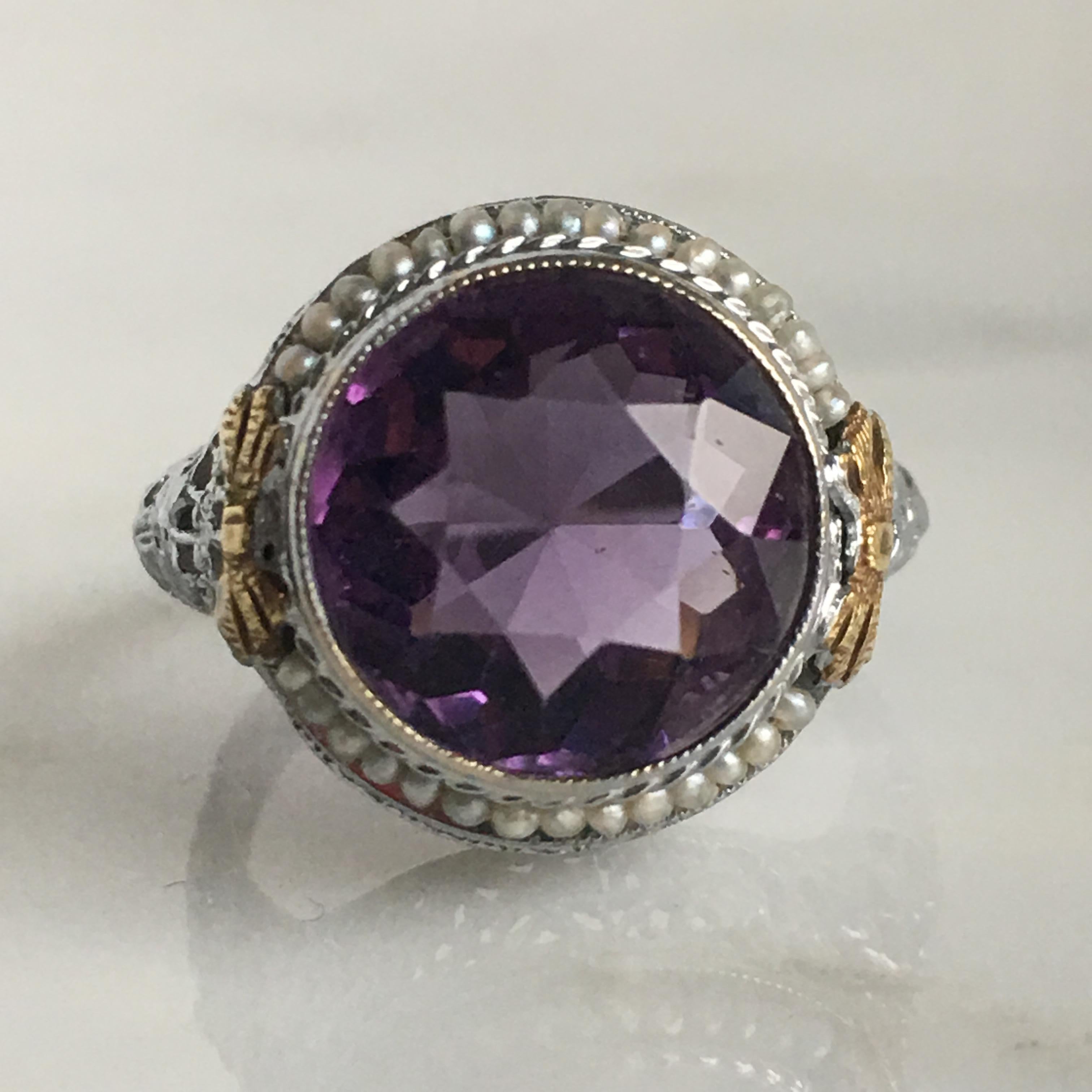 Edwardian Amethyst 14k Gold Filigree Ring In Good Condition For Sale In Scotts Valley, CA