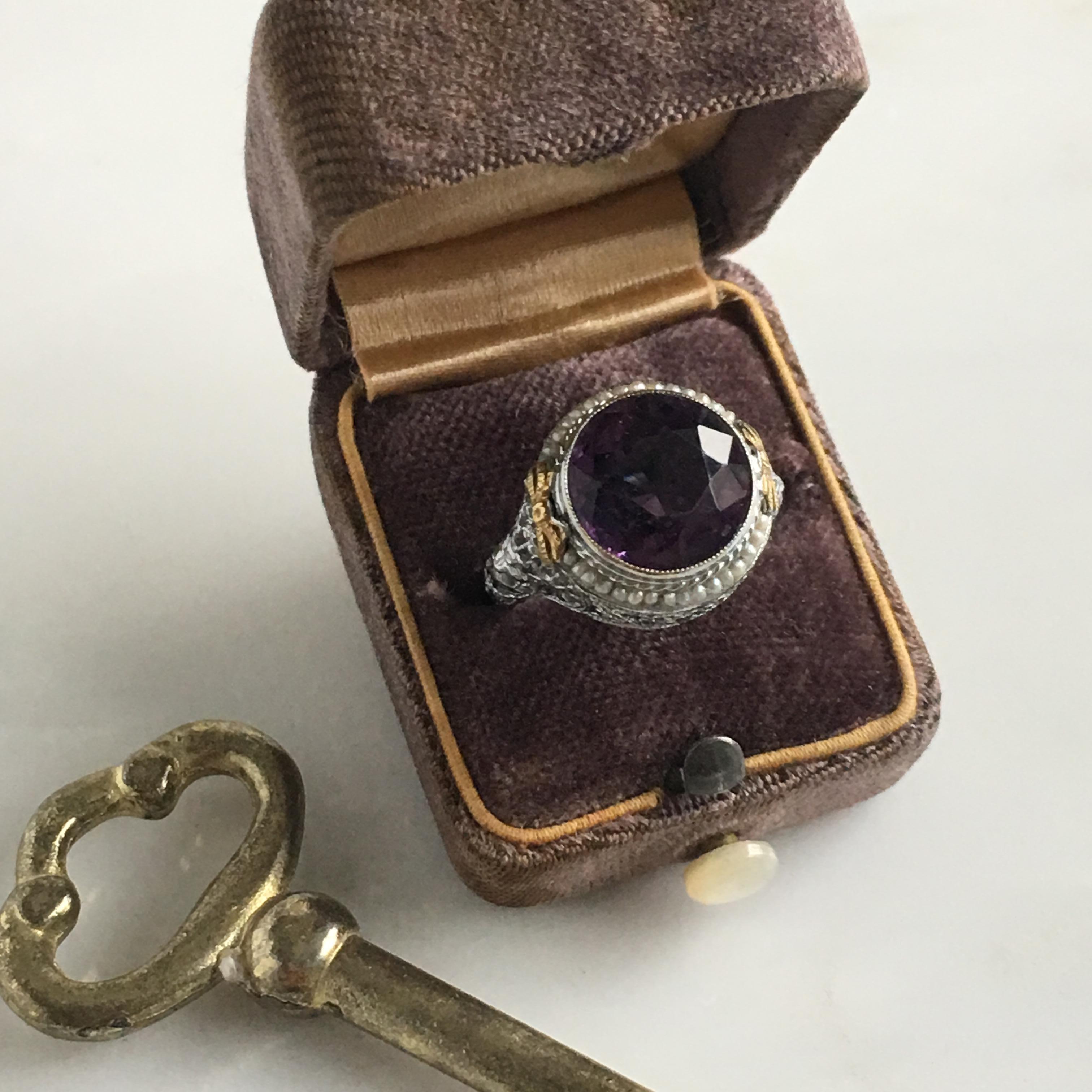 Edwardian Amethyst 14k Gold Filigree Ring For Sale 2