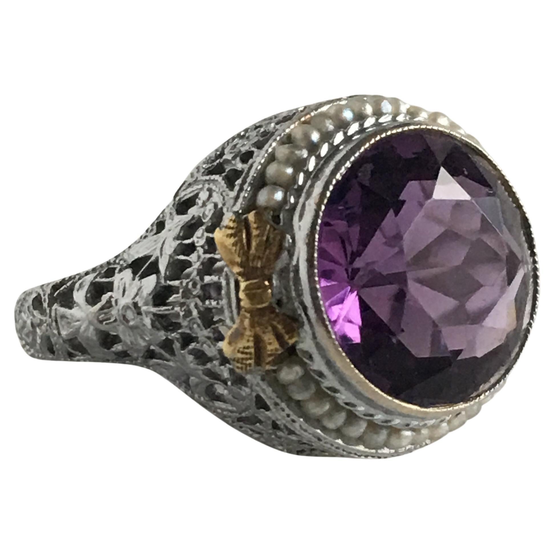 Edwardian Amethyst 14k Gold Filigree Ring For Sale