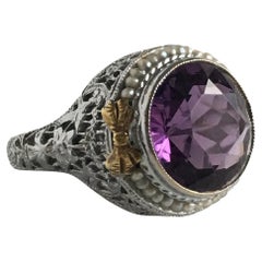 Antique Edwardian Amethyst 14k Gold Filigree Ring