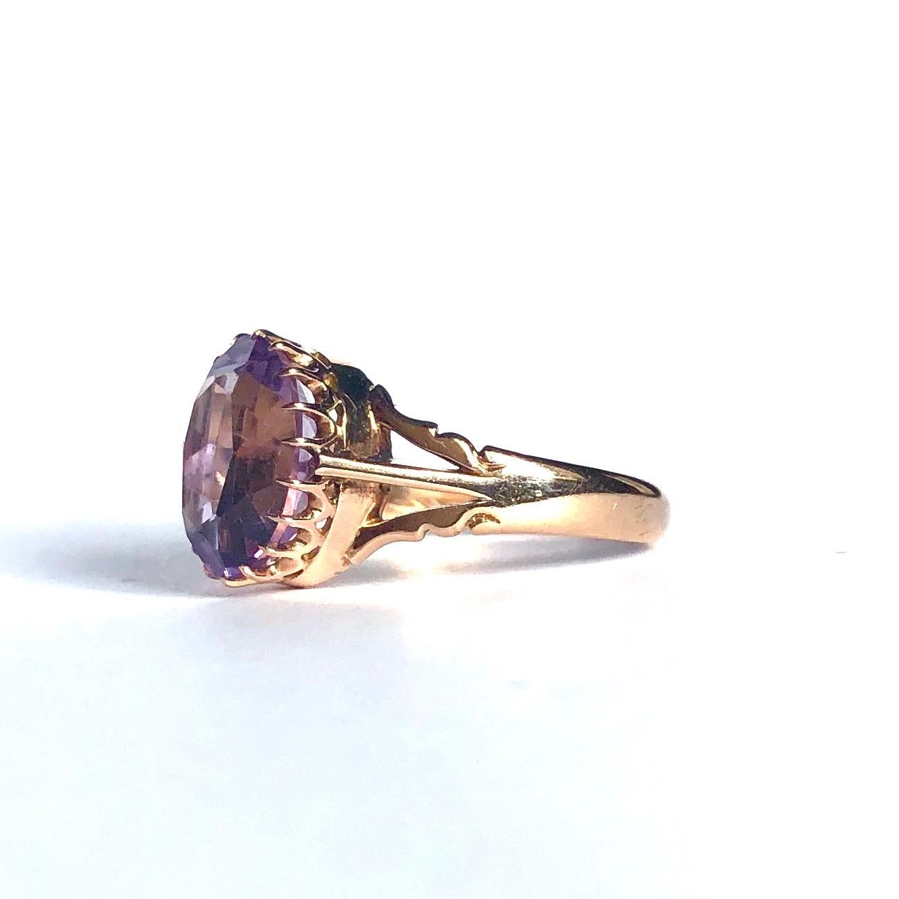 Perched on top of the delicate claw setting is a shimmering pale purple amethyst. The split shoulders on this ring are also gorgeously decorative, a truly beautiful piece. Made in Chester, England.

Ring Size: Q 1/4 or 8 1/4
Stone Dimensions: